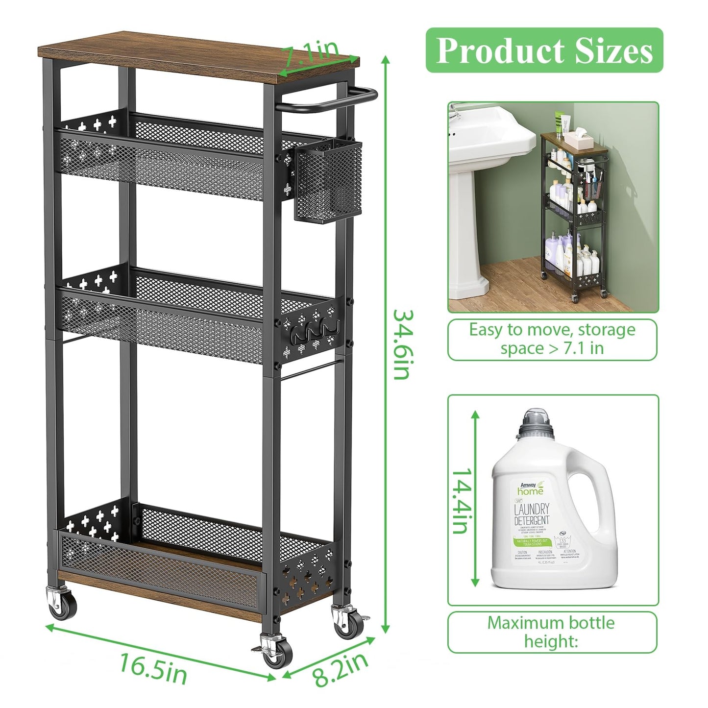 MJIMKE 4 Tier Slim Rolling Storage Cart, Laundry Room Cart on Wheels, Small Metal Bathroom Cart Kitchen Organizer Trolley with Handle and Mesh Basket, 7.1 inch Width for Narrow Space, Black