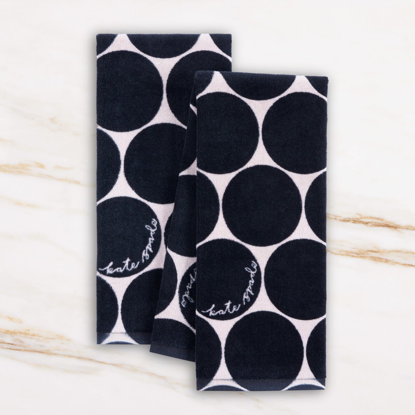 kate spade new york Joy Dot Kitchen Towels 2-Pack Set, Absorbent 100% Cotton Velour, Black/Beige, 17"x28"