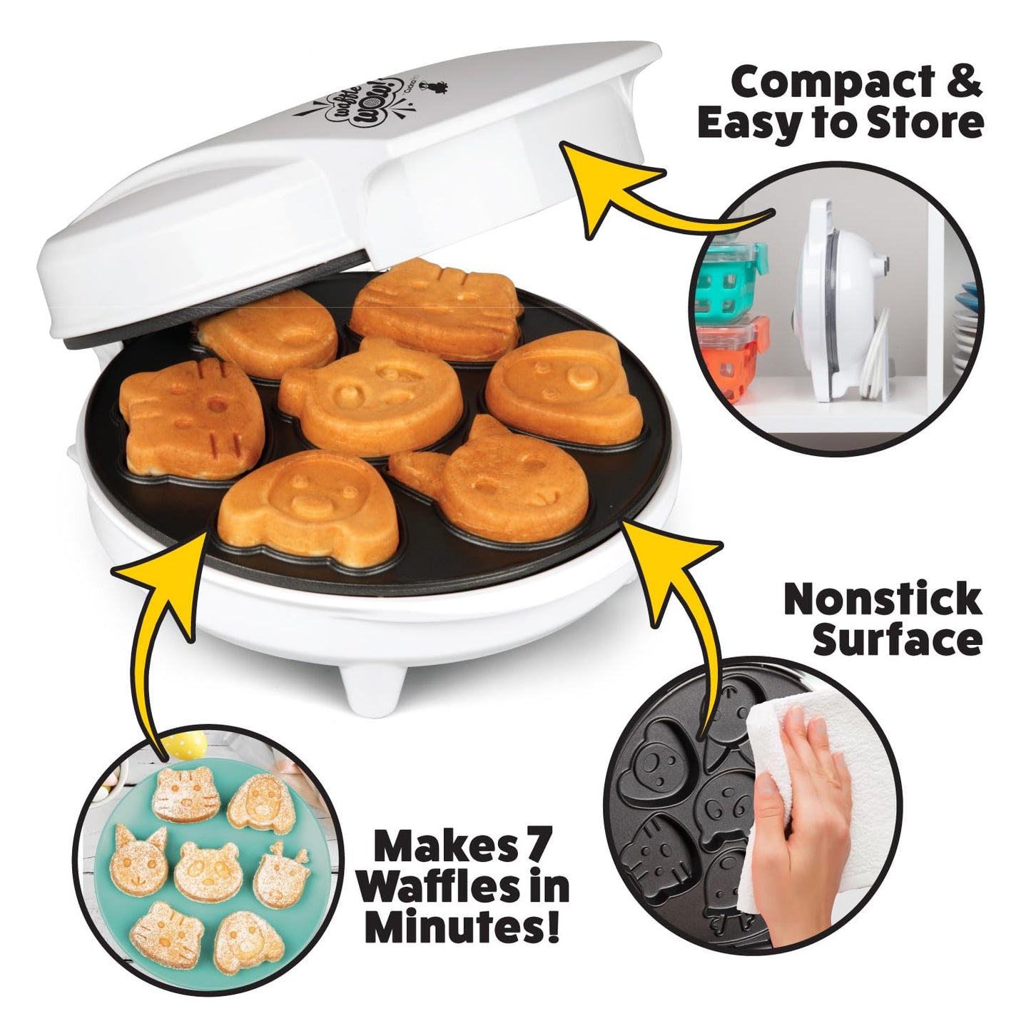 Waffle Wow! Animal Friends Waffle Maker – 7 Cute Animal Shapes, Nonstick Mini Electric Waffler for Kids Breakfast & Parties- Quick Heat Easy Release, Compact Storage, Family Fun, Includes Recipe Guide