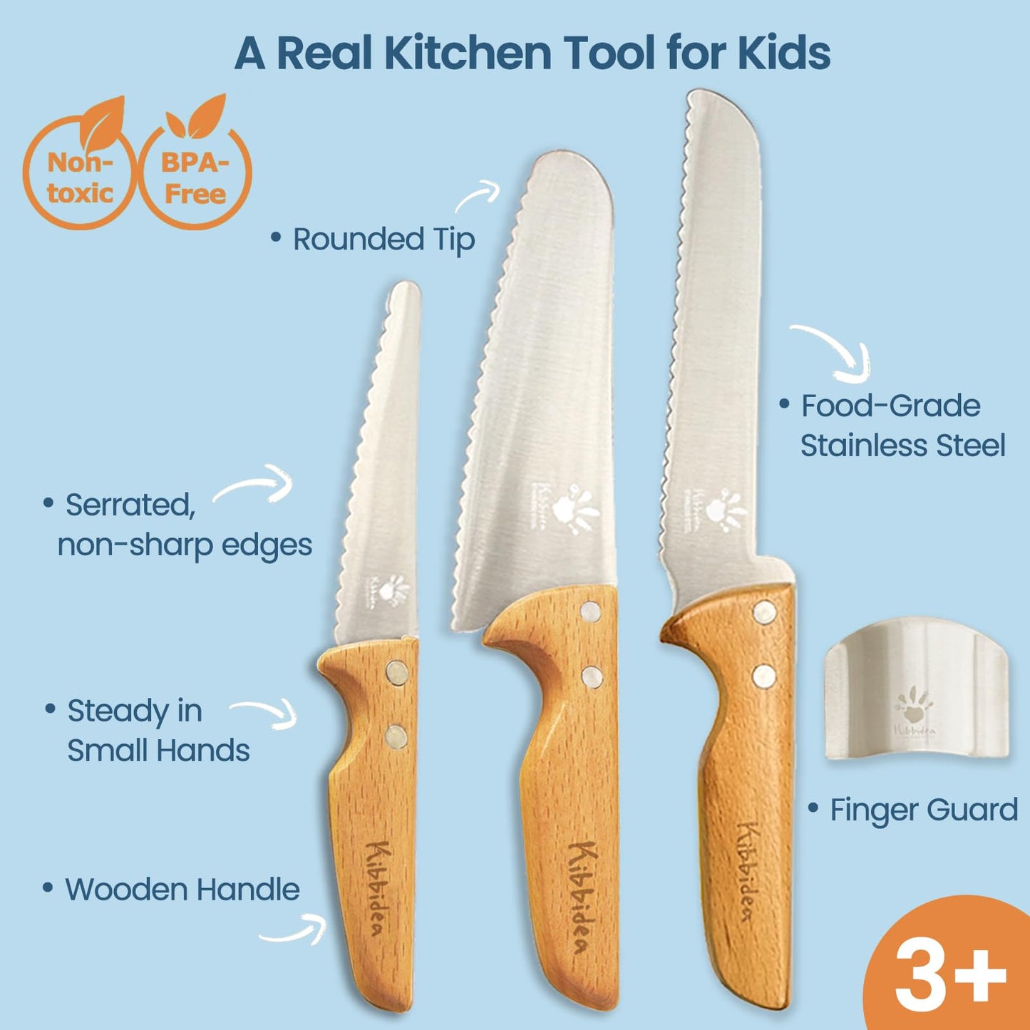 Kibbidea Kids Knife Set for Real Cooking, 4pcs Safe Kitchen Knives for Beginners, Food-grade Stainless Steel Blades for Cutting Chopping, Child First Starter knife, BPA-free (Silver)