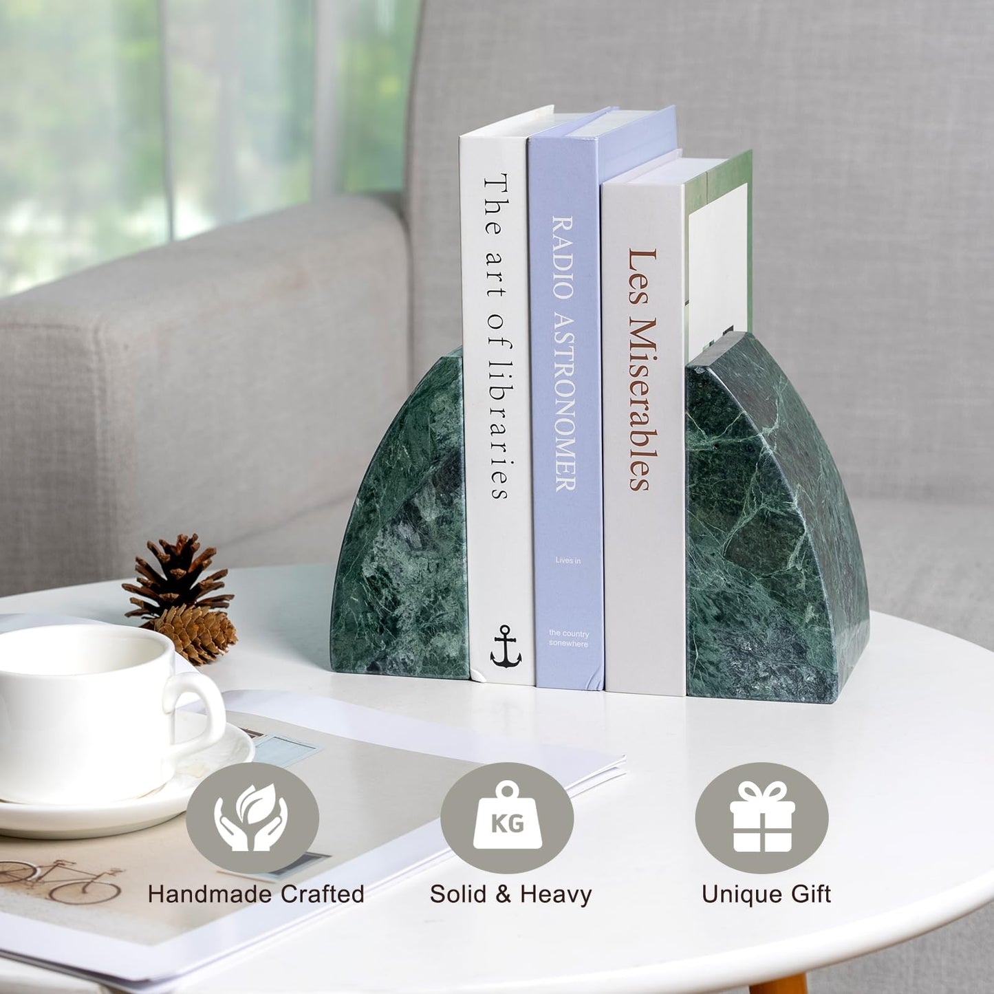 Koville Marble Bookends for Shelves, 8Lbs Large Stone Bookends for Heavy Books, Non-Slip Heavy Duty Book Stopper, Modern Decorative Book Ends for Bookshelf Table Home Decor(Green)