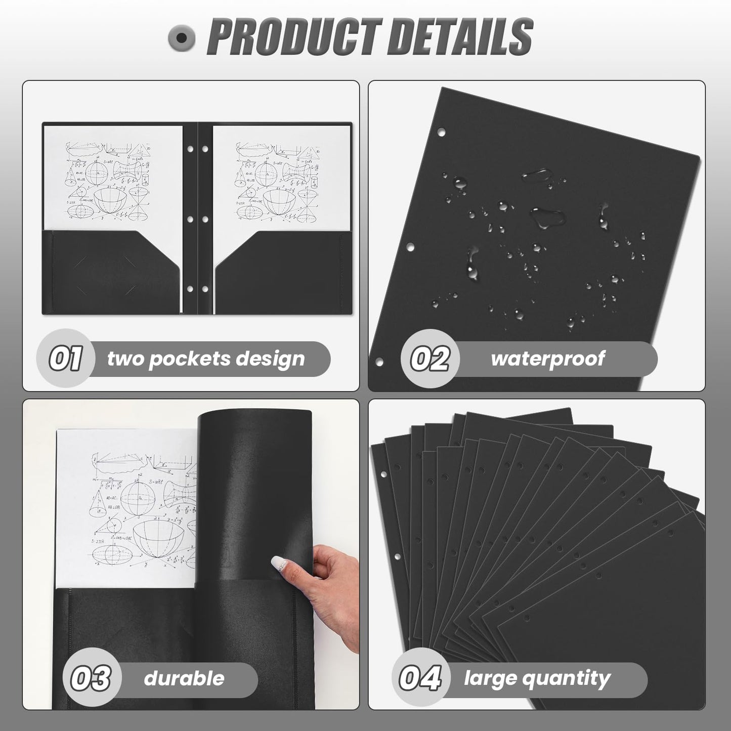 Yeaqee 50 Pcs Plastic Folders with Pockets Bulk 3 Hole Punched 2 Pocket File Folders for 3 Ring Binder Divider Folder for Notebooks, Durable Poly for Office Home (Black)