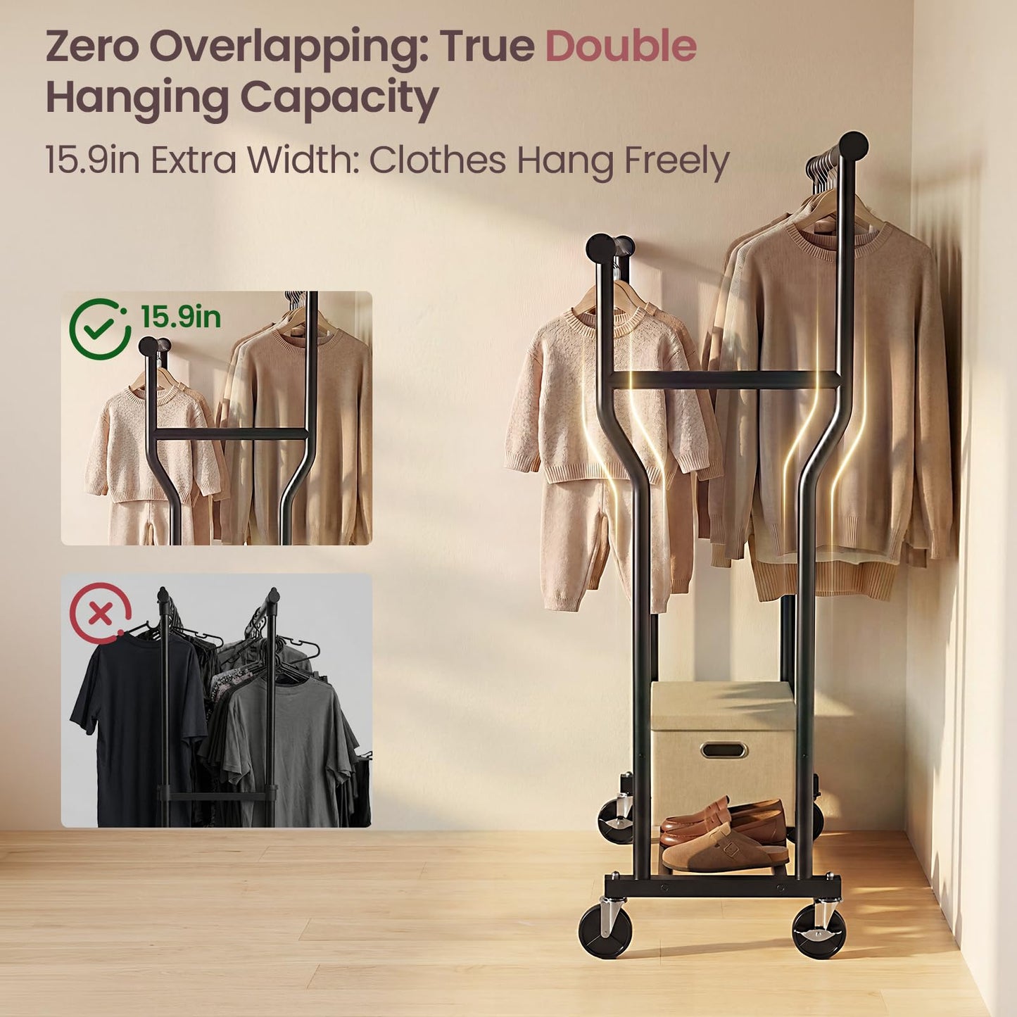 WATIOWL Clothes Rack, Double Rods Rolling Clothing Rack for Hanging Clothes Load 260 LBS Closet Rack with Wheels, Metal Portable Garment Rack for Bedroom Laundry Living Room, Black