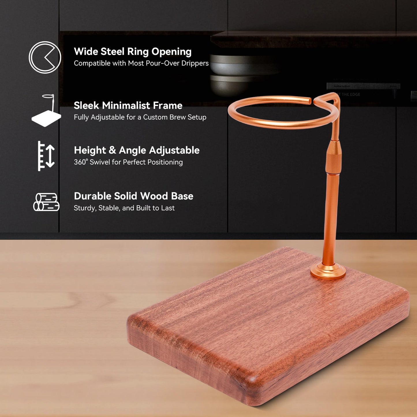 Svfreyavis Pour Over Coffee Maker with Adjustable Stand & Wooden Base, Dripper Stand for Manual Coffee Brewing, Coffee Filter Holder, Tea Strainer Stand for Home, Café, Restaurant, Camping, Golden
