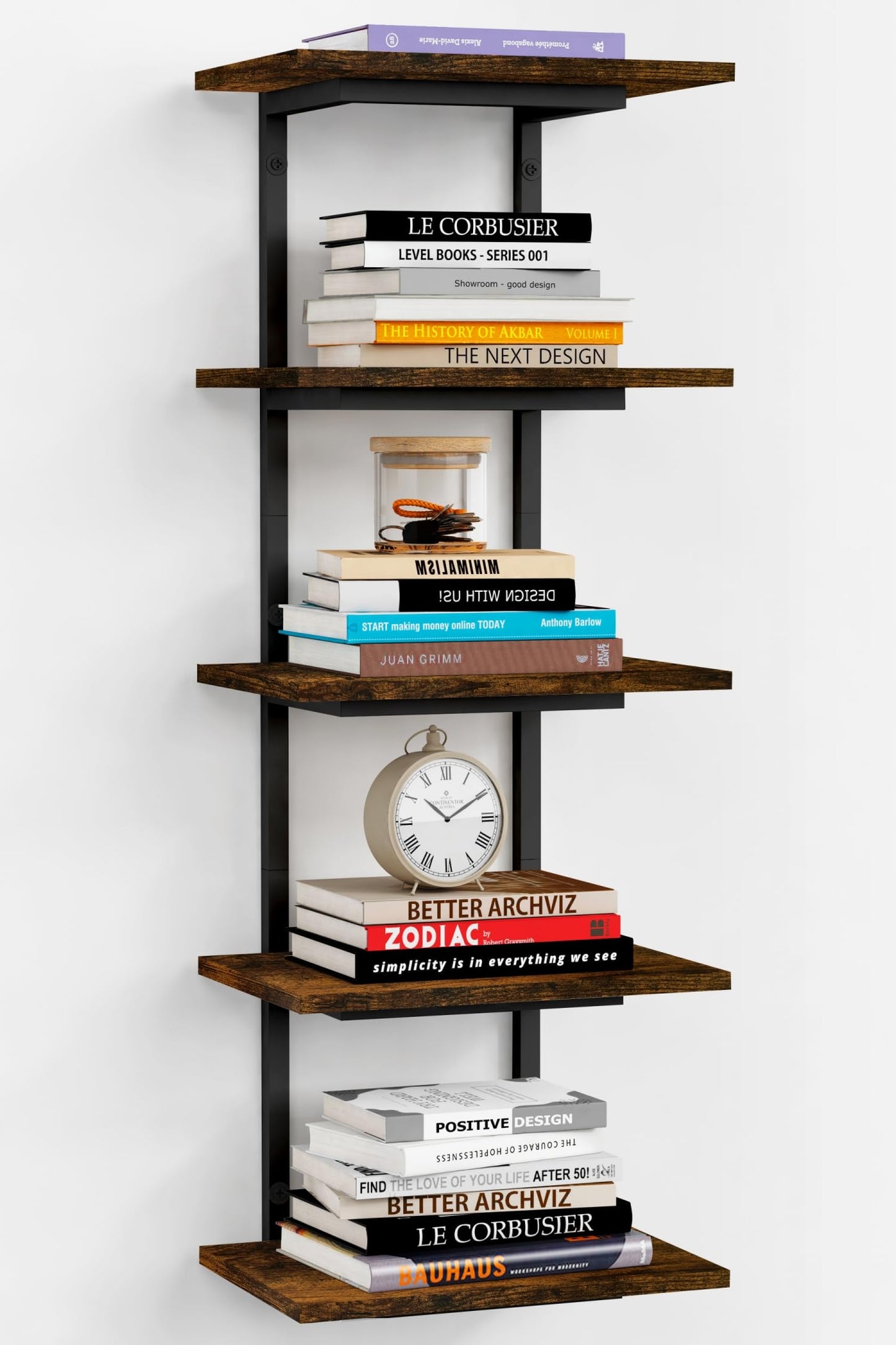 Harwaya 5 Tier Wall Bookshelf Unit for Bedroom Books, Large Floating Book Shelves Wall Mounted, Rustic Wood Lack Tiered Hanging Shelf for Kitchen Office Living Room Corner (Dark Brown)