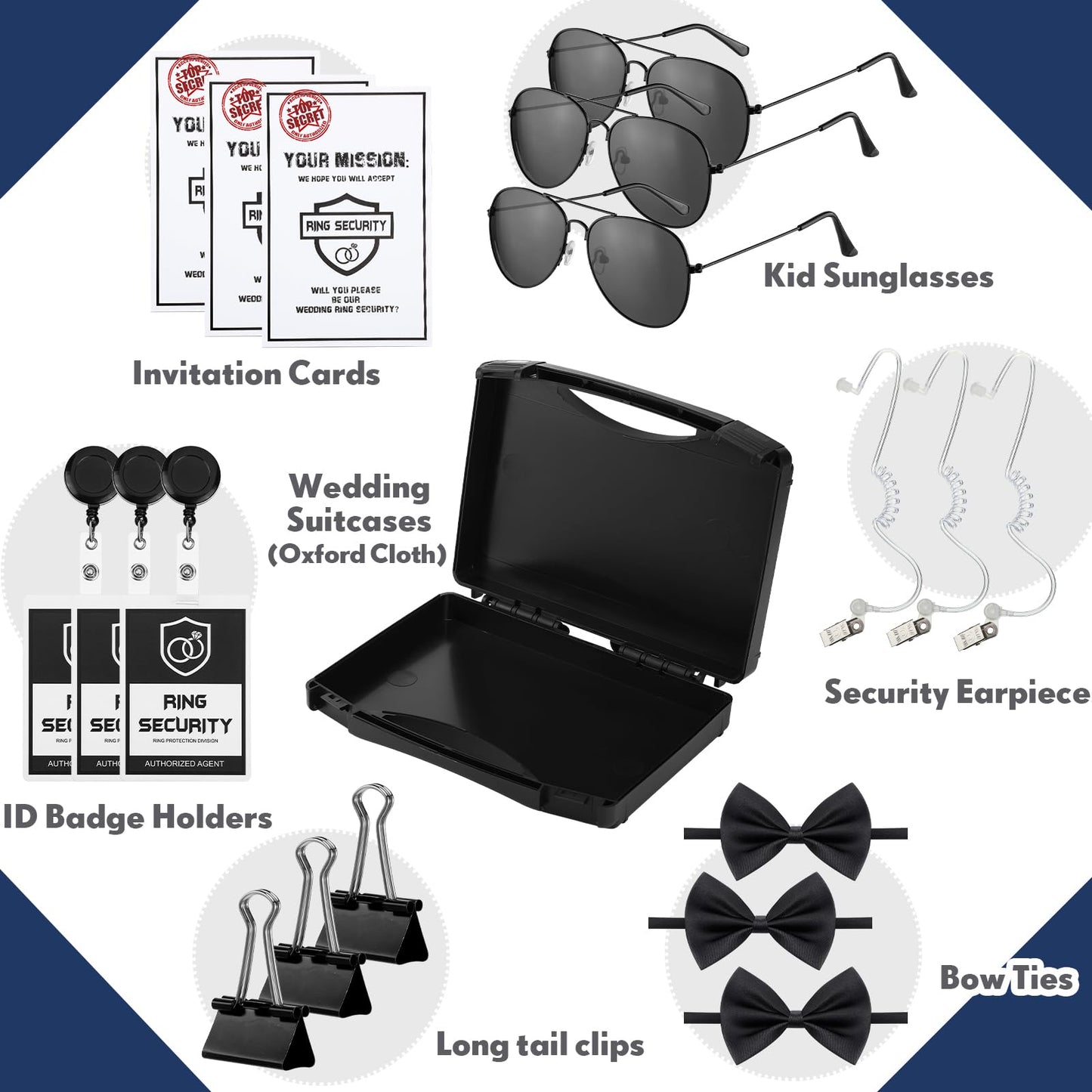 Mepase 21 Pcs Ring Wedding Bearer Security Set Include Ring Bearer Box ID Badge Holder Sunglass Acoustic Earpiece Tube Mission Card with Binder Clip Bow for Kids (Pp Suitcase)