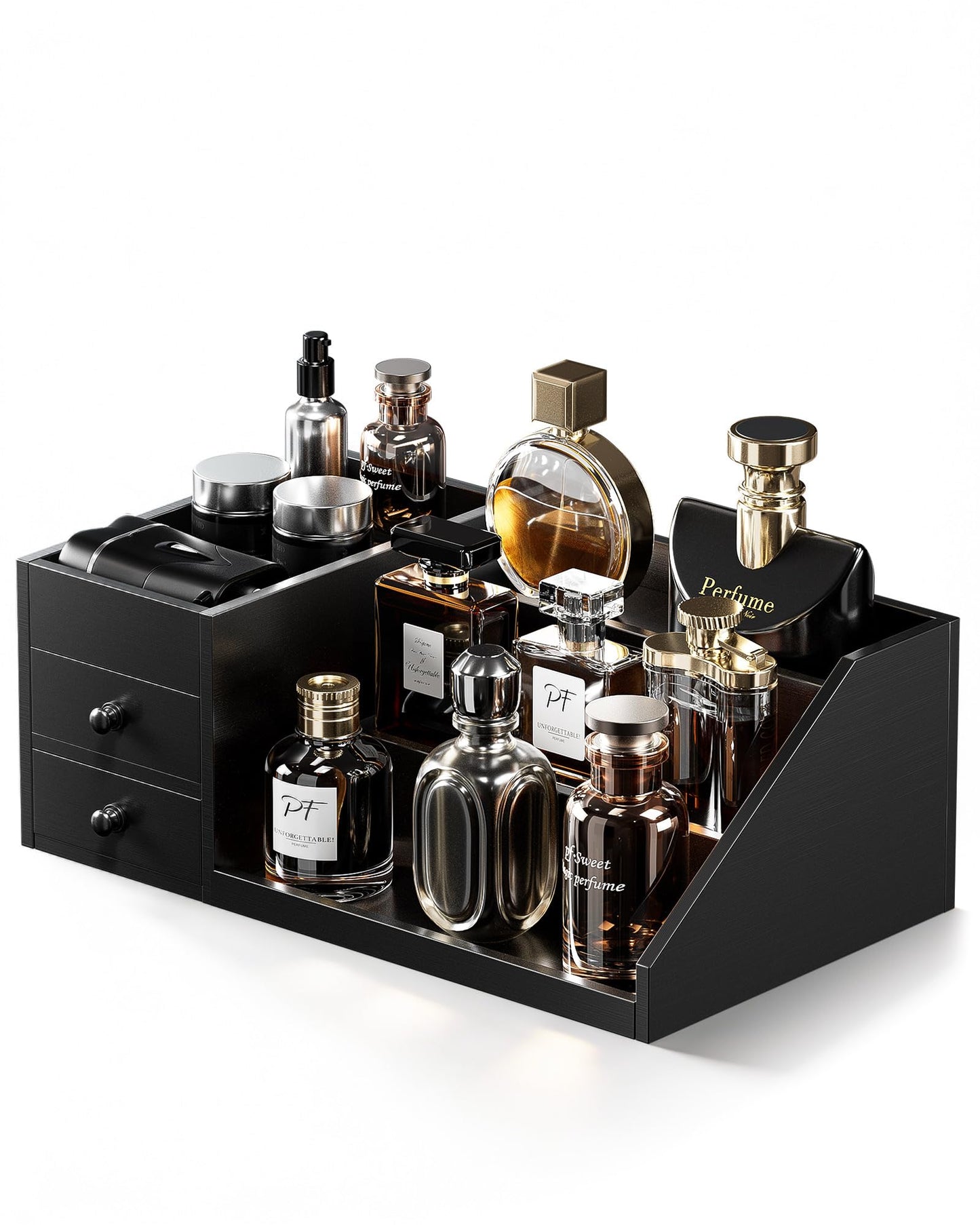 ProCase Wooden Cologne Organizer for Men, 3-Tier Elevated Wood Perfume Storage Display Shelf with Drawers, Dresser Storage Stand Riser for Fragrance Skin Care, Fathers Day Gift for Dad Husabnd-Black