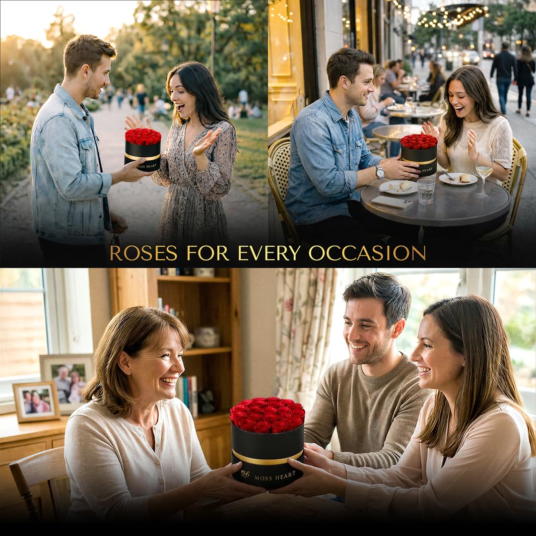 Moss Heart 20 Mini Preserved Roses, Round Luxury Gift Box, Real Forever Roses Last 1+ Year, Premium Romantic Gift for Women, Wife, Girlfriend, Mother’s Day, Birthday, Anniversary, Valentine’s Day