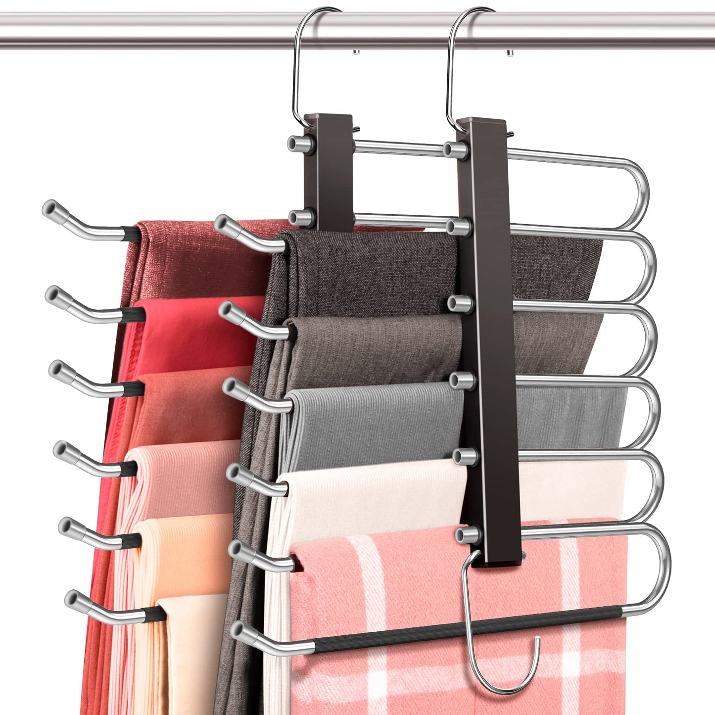 HUITEM 4 Pack 6-Tier Space Saving Pant Hangers, Anti-Slip, Lightweight, Stainless Steel, Black, 6 Pairs Jeans Hangers