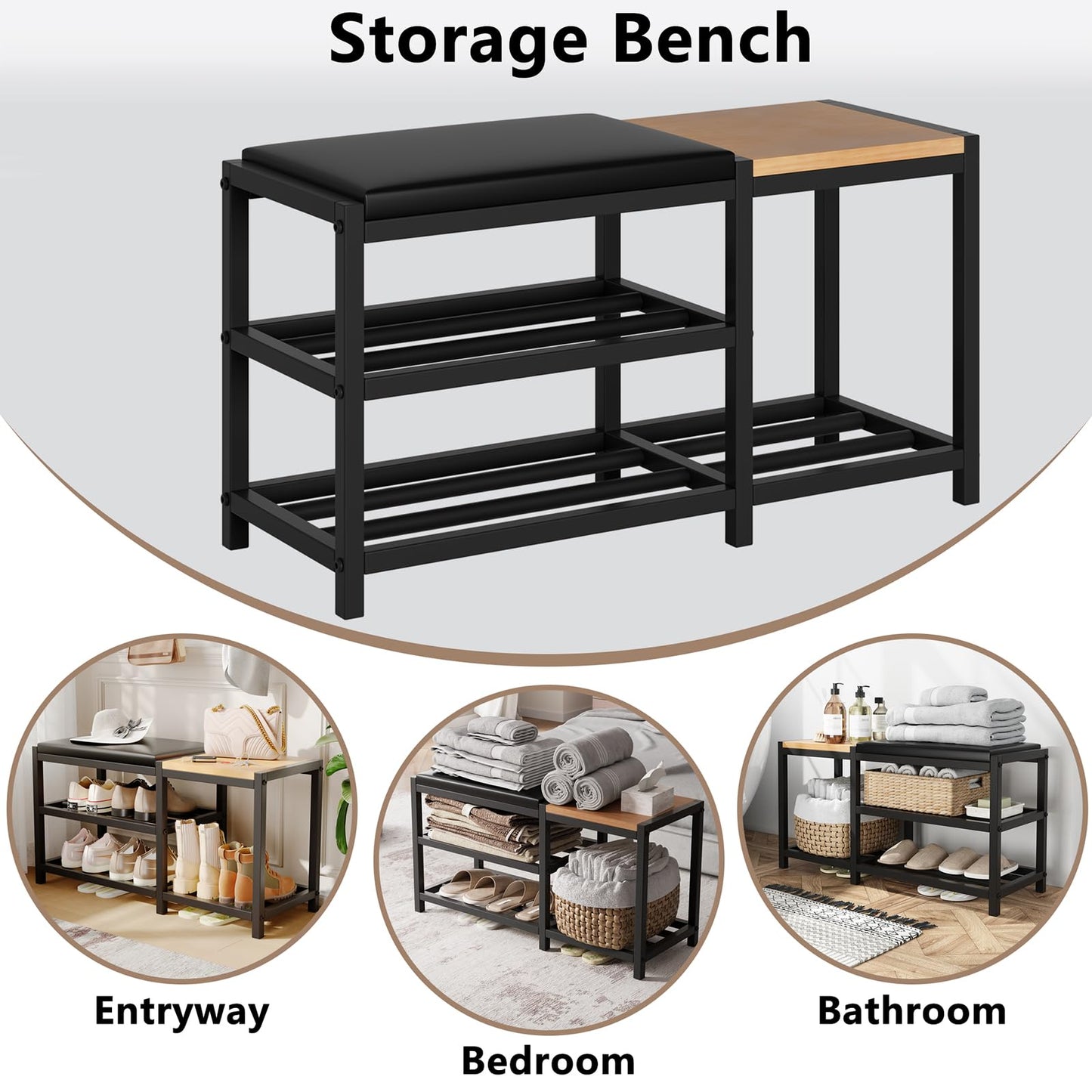 SHGJYANDF Shoe Bench,Shoe Organizer，Holds Up to 570 lb，12 x 30.7 x 17.3Inches，3-Tier Shoe Storage Bench,Entryway Bench with Cushioned Seats,for Shoe Rack in The Bathroom,Entryway,Bedroom,Living Room