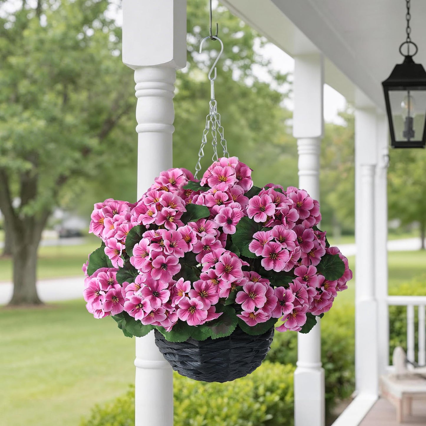 GLIDLION 2 Set Artificial Geraniums Flowers with Hanging Baskets for Outdoors - Sun Resistant Silk with Geranium Flowers, Fake Hanging Planters for Front Porch Garden Patio Home Decor (Pink)