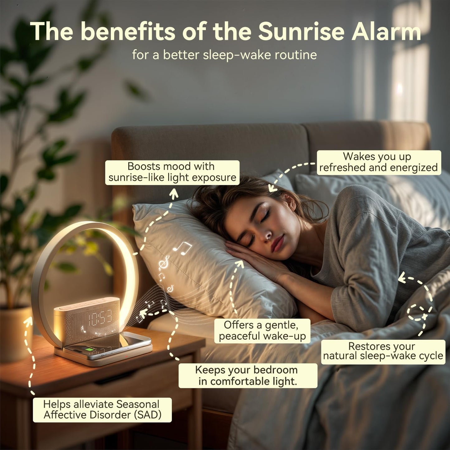 Vivilumens Sunrise Alarm Clock Wireless Charger, 10 White Noise Sound Machine Alarm Clock with 30/60/90 Mins Timer, 3 Levels Touch Night Light Dual Clocks for Heavy Sleeper Bedroom Decor Gift for Her