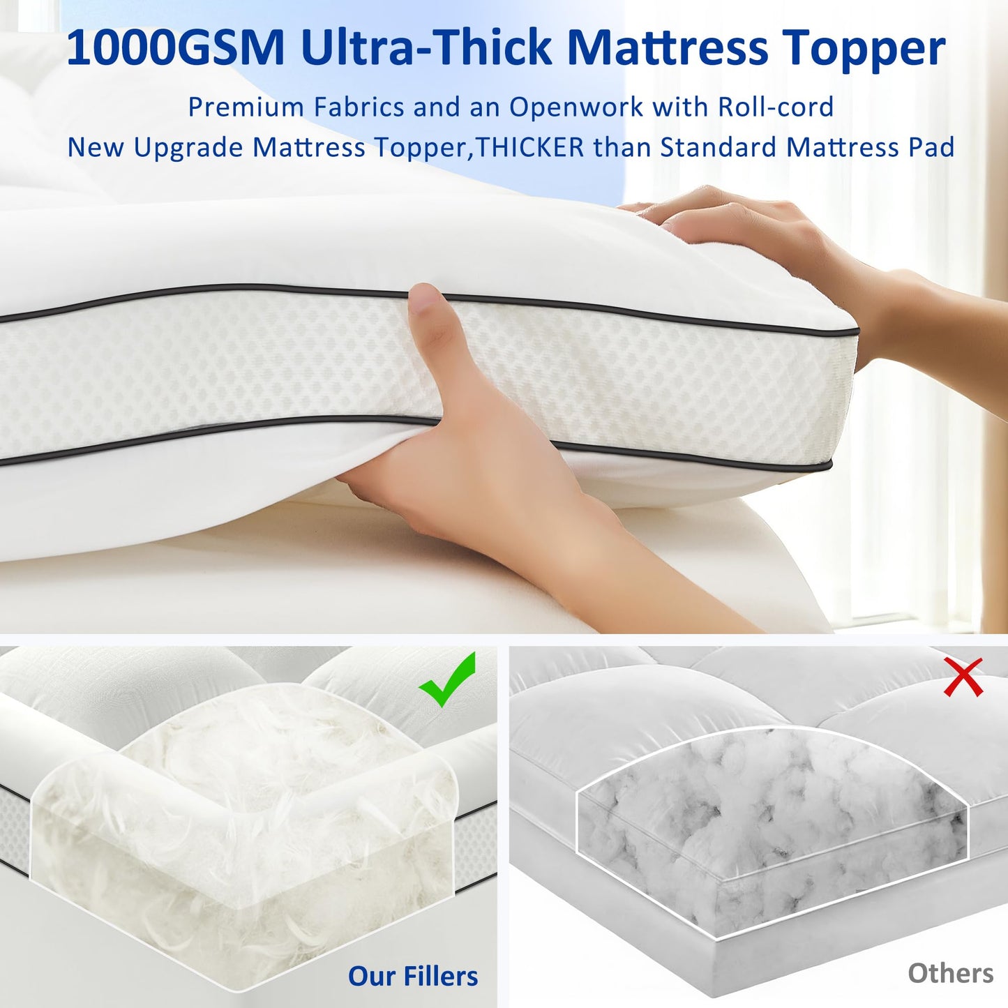 SurChic Queen Size Mattress Topper for Back Pain, Soft Extra Thick Pillow Top Mattress Pad Cover with 1000GSM Down Alternative Filler, Cooling Breathable Plush Bed Topper Protector (8-21" Deep Pocket)