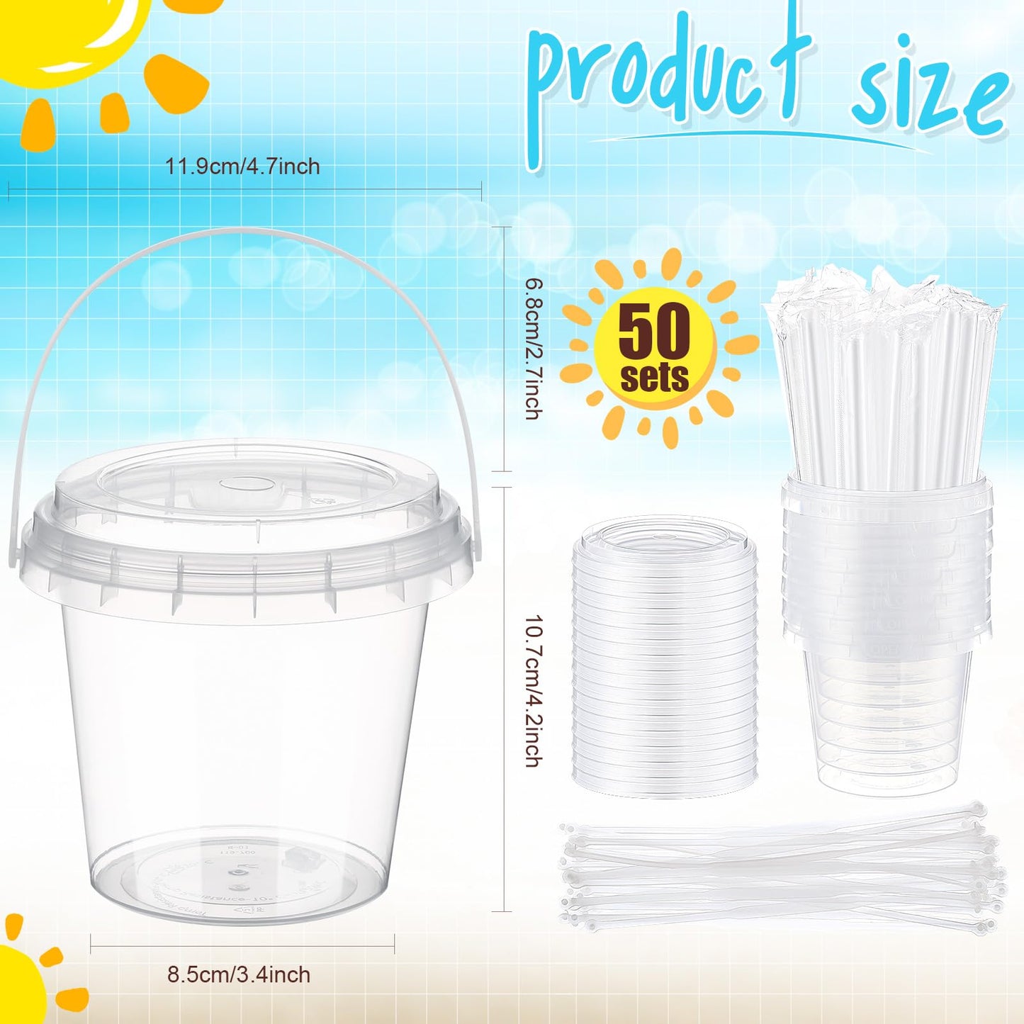 Funnymoom 50 Set 24oz Clear Plastic Drink Buckets with Lids and Straws Disposable Iced Coffee Cups Rum Buckets for Cocktail Parties Smoothie Cup Bulk with Handles for Beach Pool Party Supplies