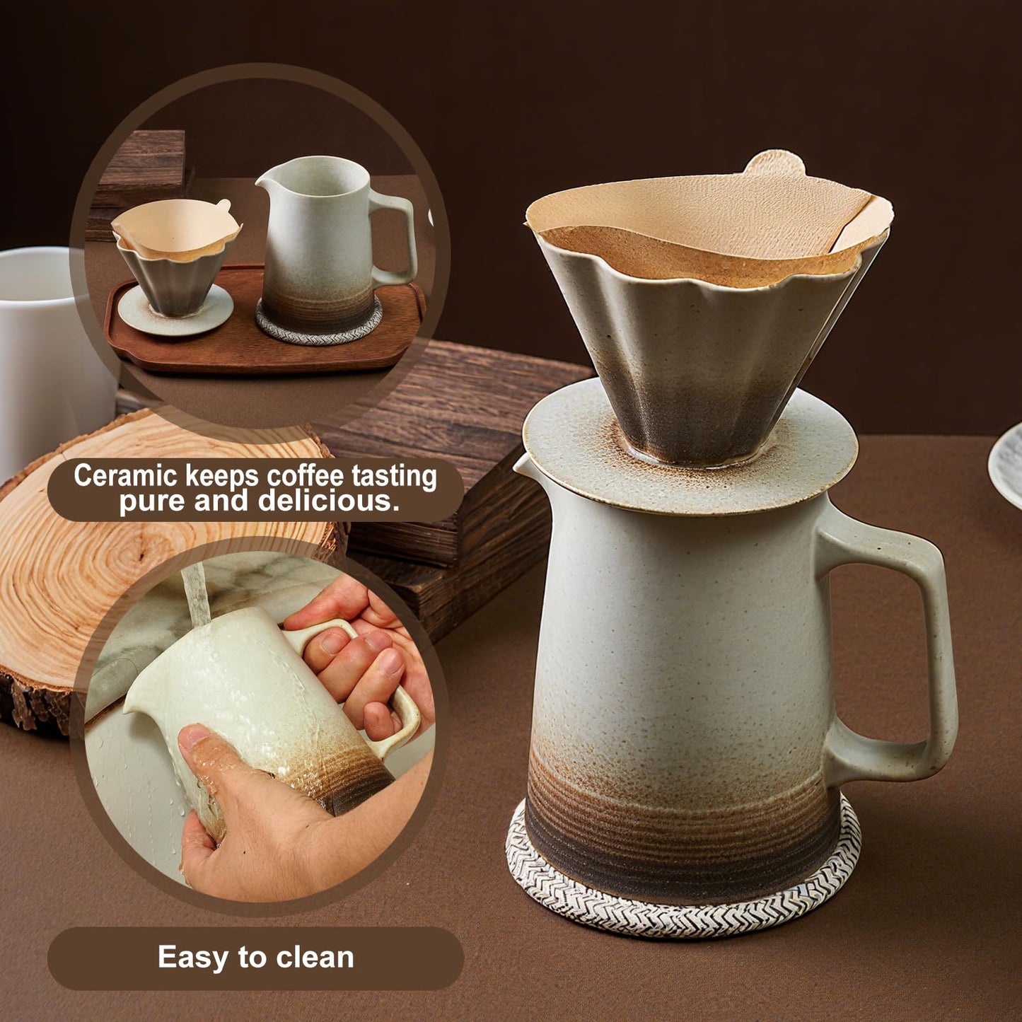 LEIJOCO Pour Over Coffee Maker, Ceramic Coffee Dripper with 40pcs V02 Paper Filter & Coaster, 18.2oz/540ml Flower Shape Pour Over Coffee Filter set (Brown Gradient Set)