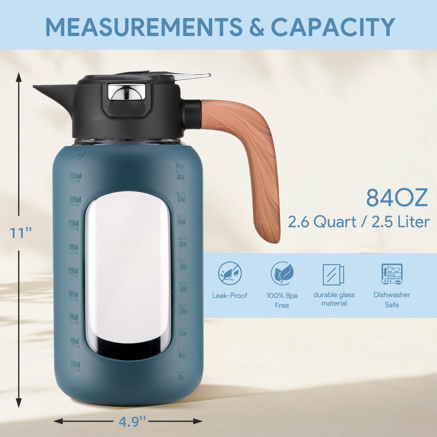 84 oz/2.5 Liter Glass Pitcher with Lid and Handle, Glass Carafe/Jug for Hot/Cold Water, Large Iced Tea Pitcher for Coffee, Juice and Homemade Beverage