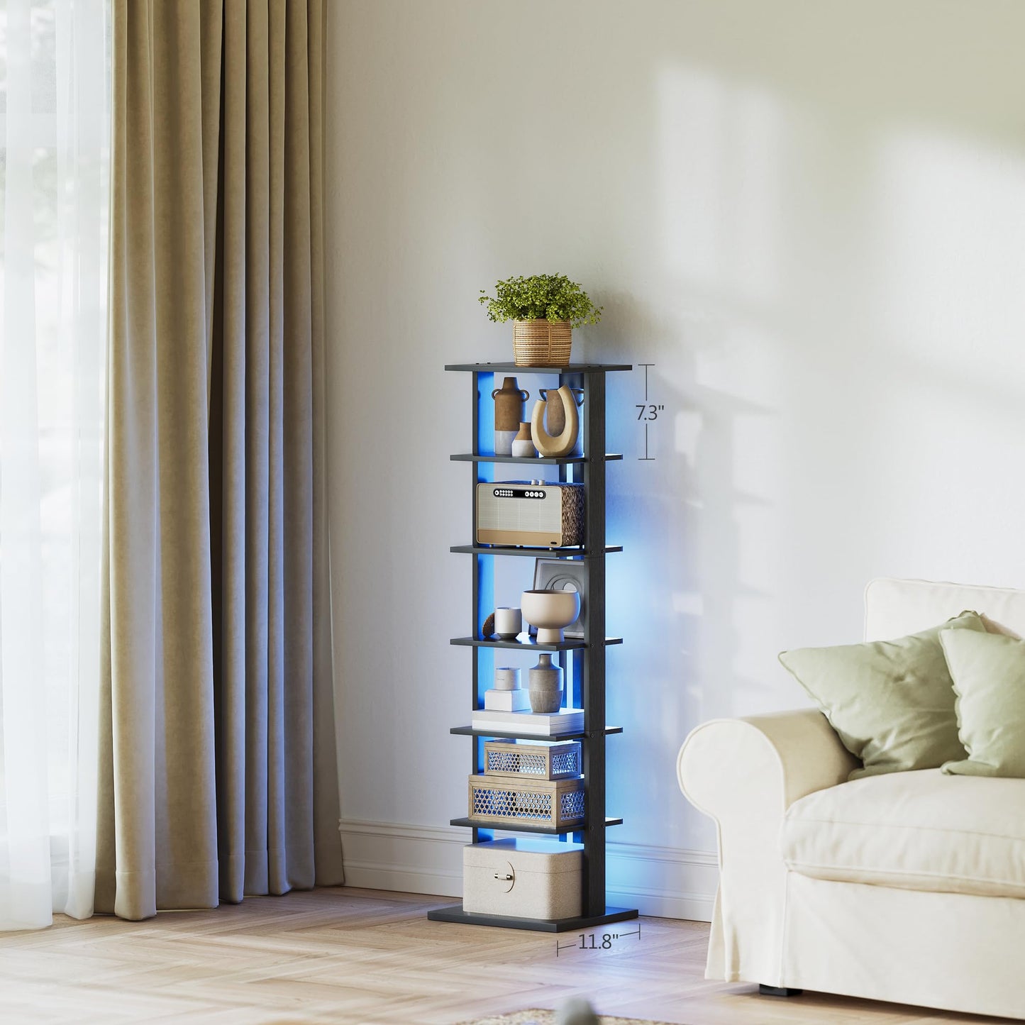 GLANZALANT 7-Tier Bookshelf, Narrow Bookcase with LED Lights, 47.2 Inch Book Shelf for Small Space, Display Storage Shelf for Living Room, Bedroom, Home Office, Study, Black