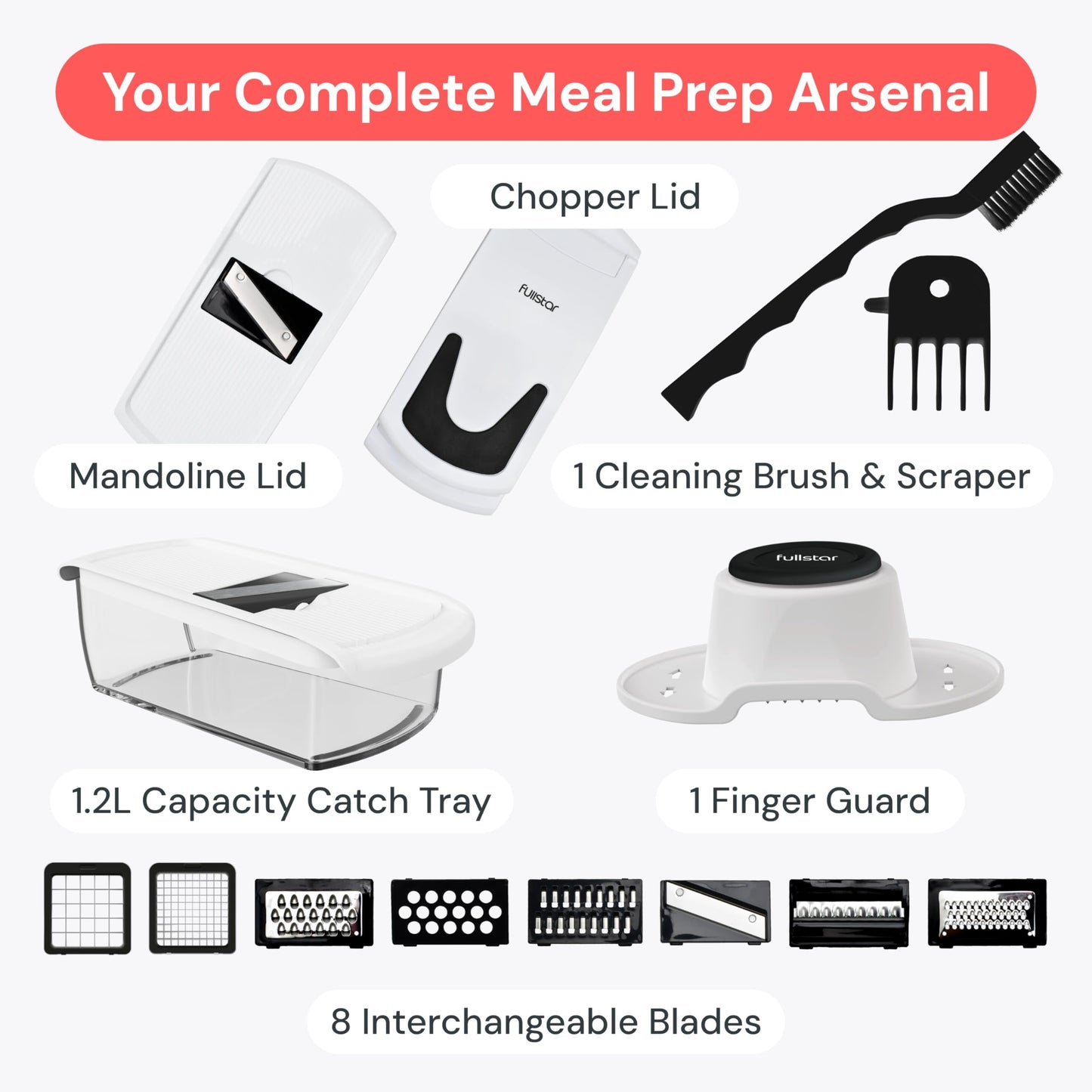 Fullstar All in One Vegetable Chopper and Mandoline Slicer - Food Chopper with Container and Julienne Slicer, Fruit Slicer, Veggie Cutter, Kitchen Gadgets & Gift for Mom (8 in 1, White)