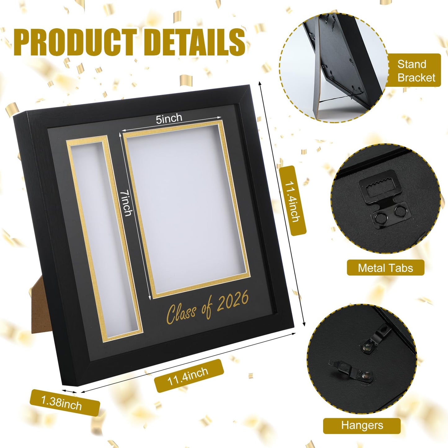 Amyhill Graduation Photo Frame 5×7 Inch with Tassel Holder for Pictures Photo Frame Elegant Black over Gold Double Mat Graduation Party Decorations, Class of 2026 Gift