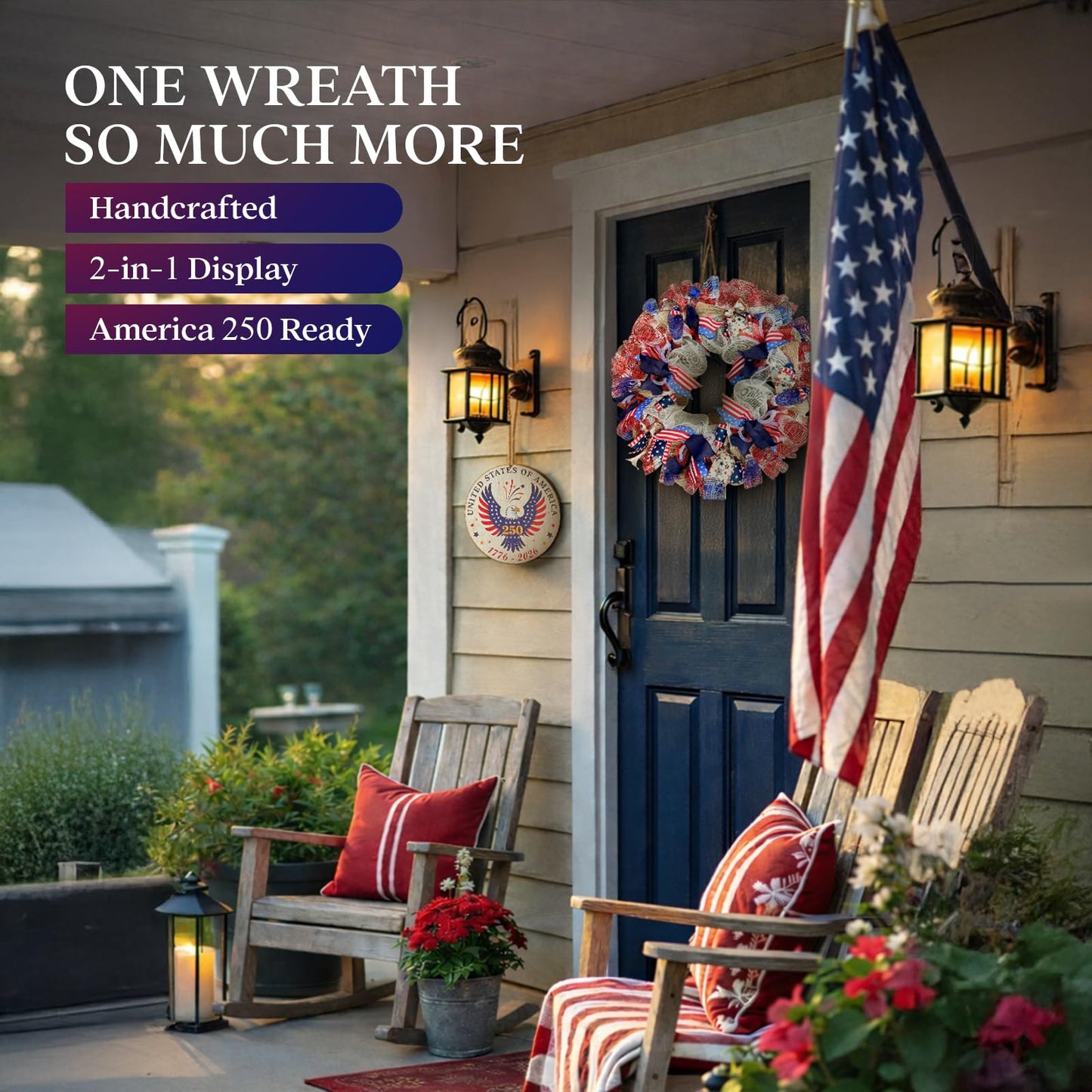 Presentastic 250th Anniversary Patriotic Wreaths for Front Door, 24 Inch Large 4th of July Wreath with Removable 1776-2026 Eagle Door Sign, Handcrafted Memorial Day Decorations with Light &Storage Bag