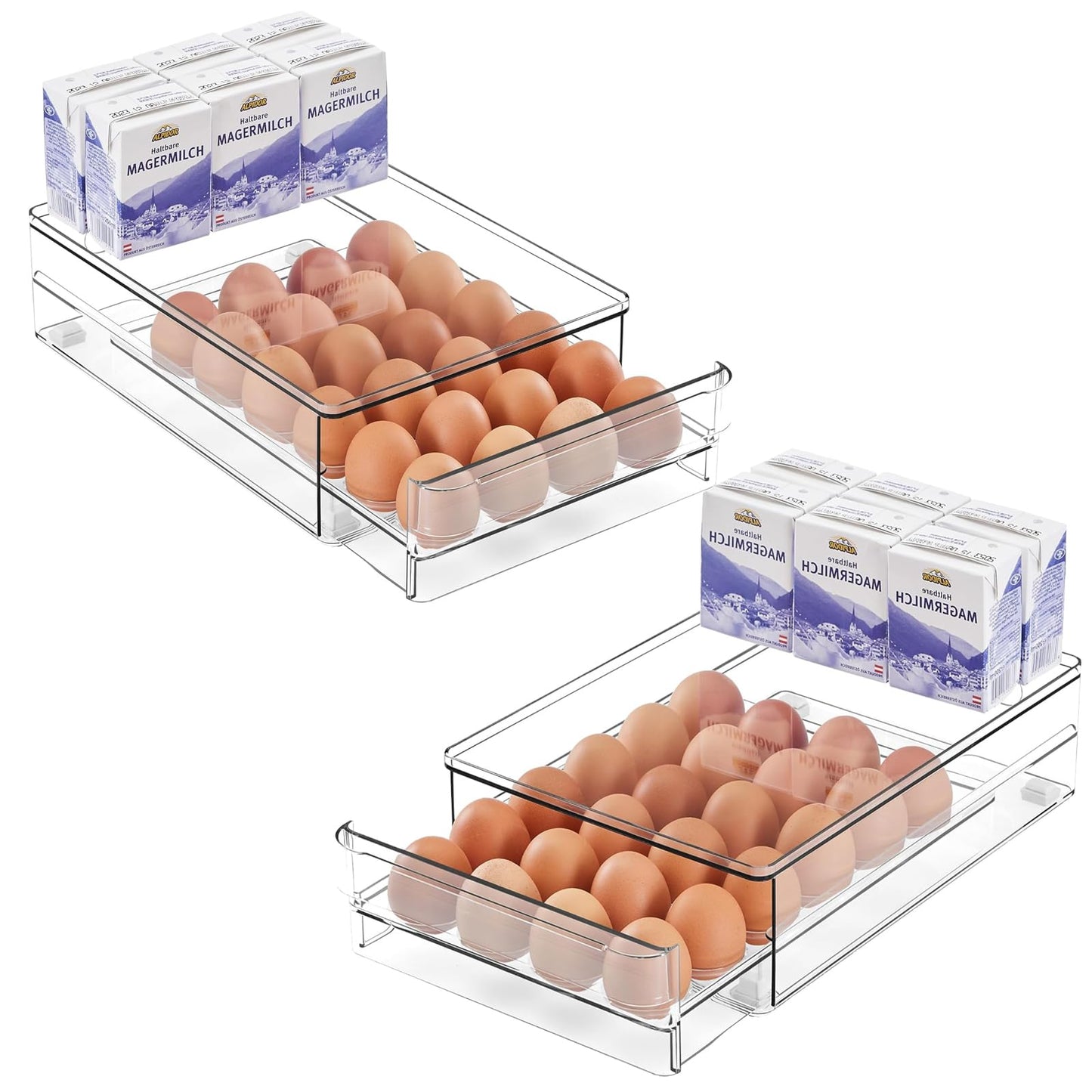 vacane 24 Capacity Egg Holder for Refrigerator, Egg Drawer for Fridge Pull Out Egg Storage Container with Non-Slip Pads Clear Egg Tray Egg Organizer - 2 Pack