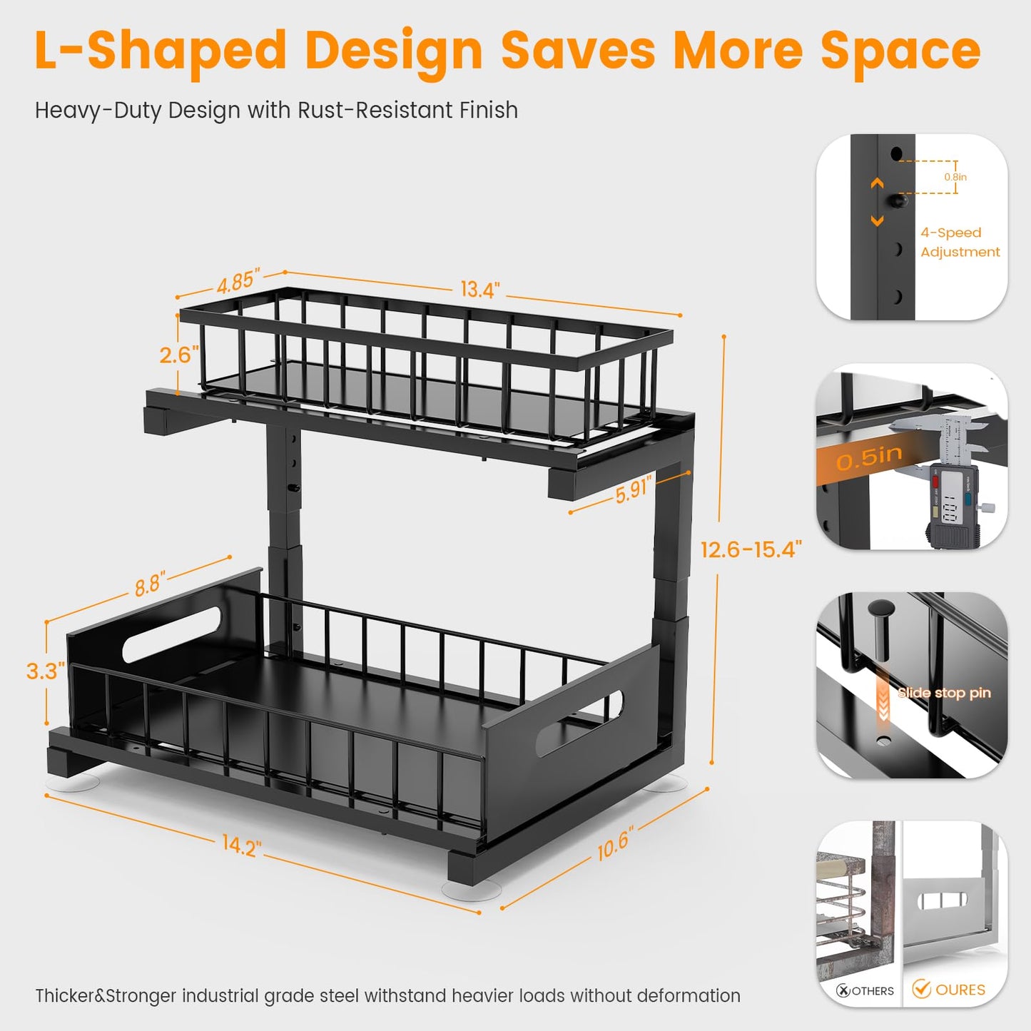 Toyear Under Sink Organizer, Heavy Duty Metal Pull Out Cabinet Organizer Slide Out Sink Shelf Organizer Height Adjustable, Multi-Purpose Storage Shelf for Kitchen Bathroom(Black,2Pack)