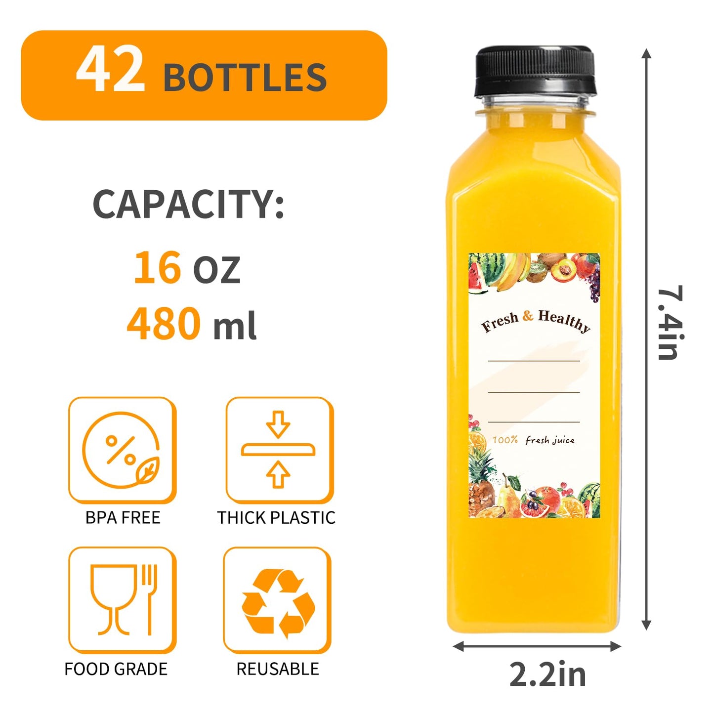 Moretoes 42pcs 16oz Plastic Juice Bottles with Caps, Reusable Juicing Bottles with Lids, Clear Containers for Smoothies and Other Beverages