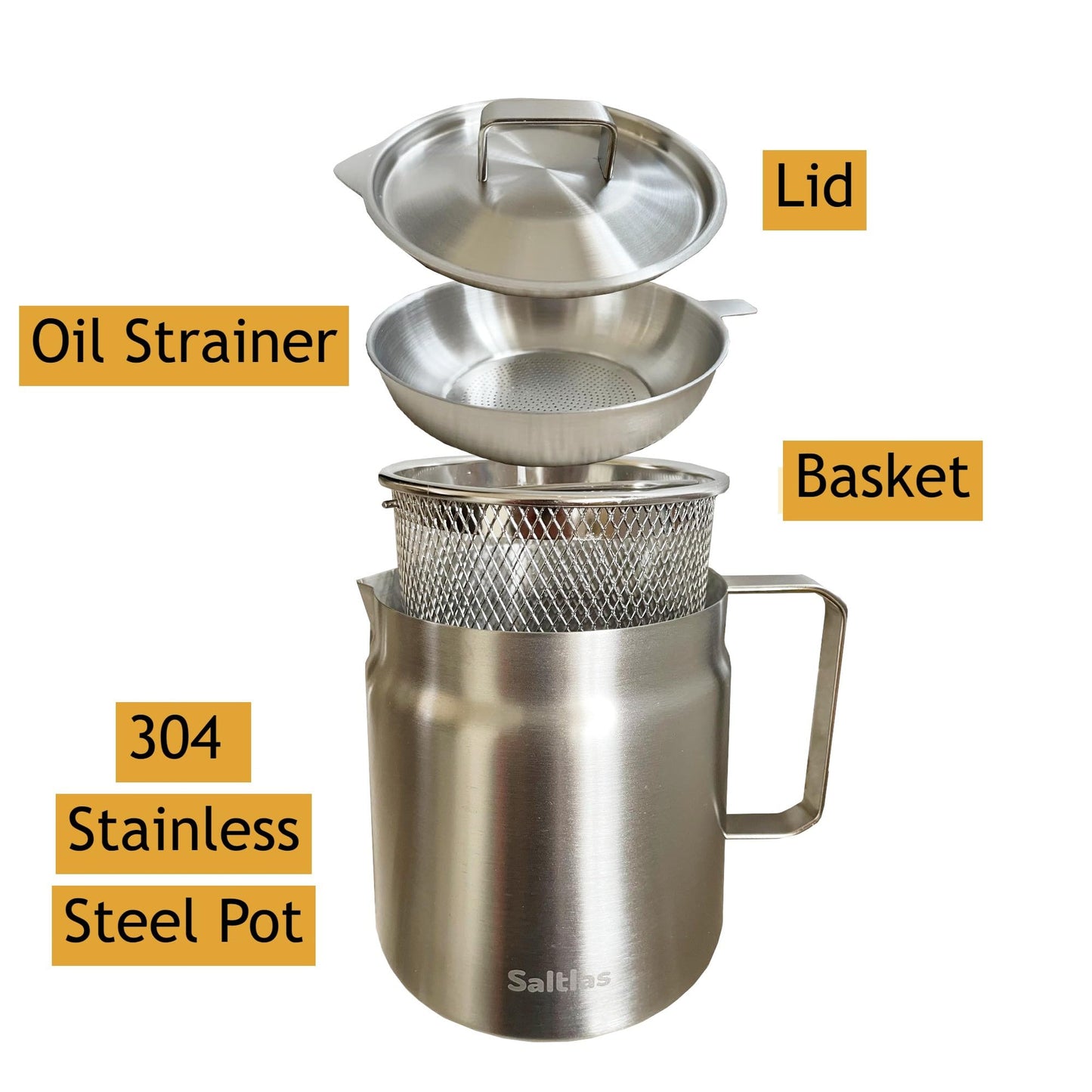 Saltlas 304 Stainless Steel Deep Fryer Pot with Basket and Oil Strainer, Double Bottom for Even Heating, Bacon Grease Container for Kitchen and Camping, Japanese Tempura Fryer, 2L (2Qt/68oz)