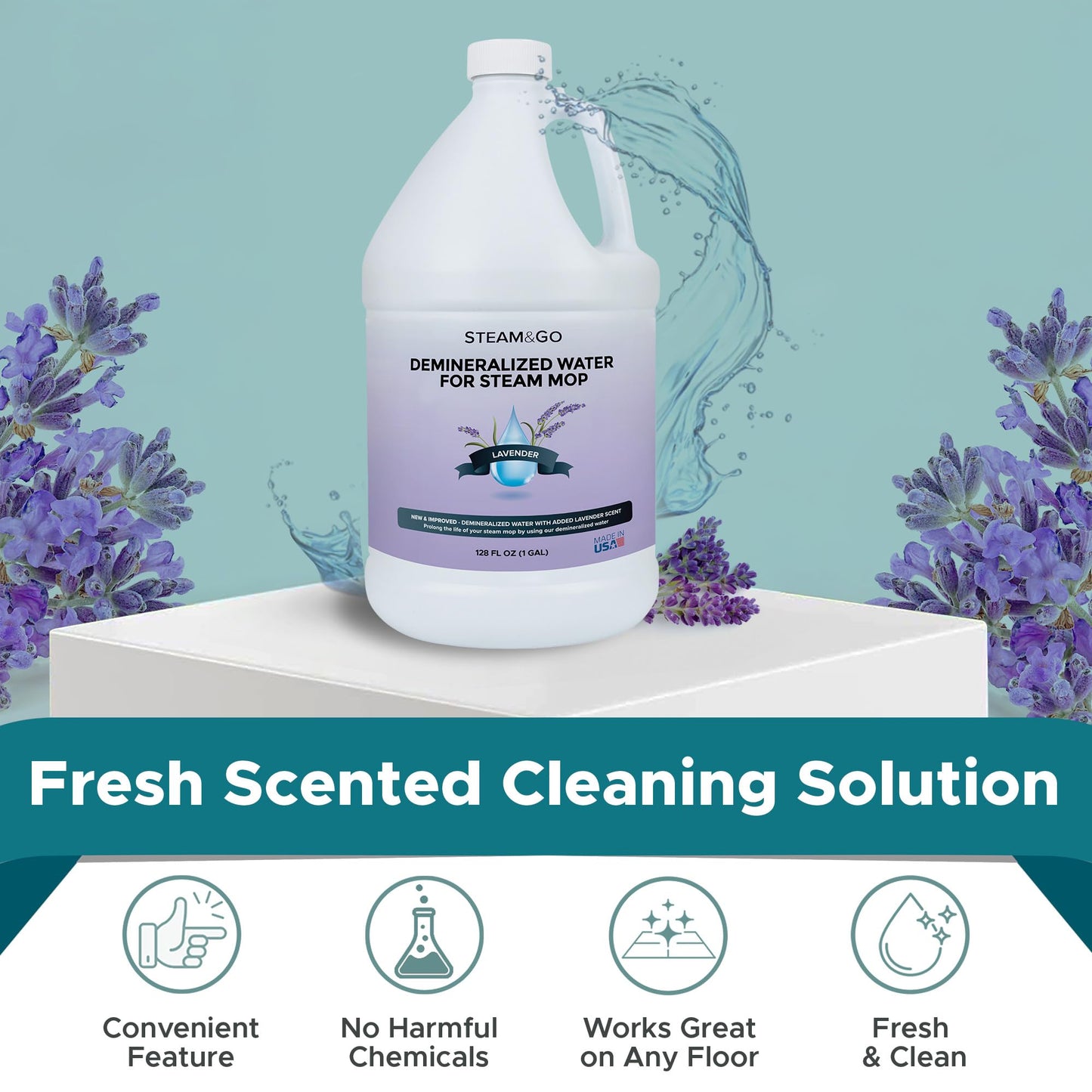 Steam & Go Demineralized Water for Steam Cleaner - PVC-Free Floor Cleaning Solution Compatible for All Steam Mops - Multi-Surface Cleaner for Home Surfaces - Lavender Scent, 128 Fl oz