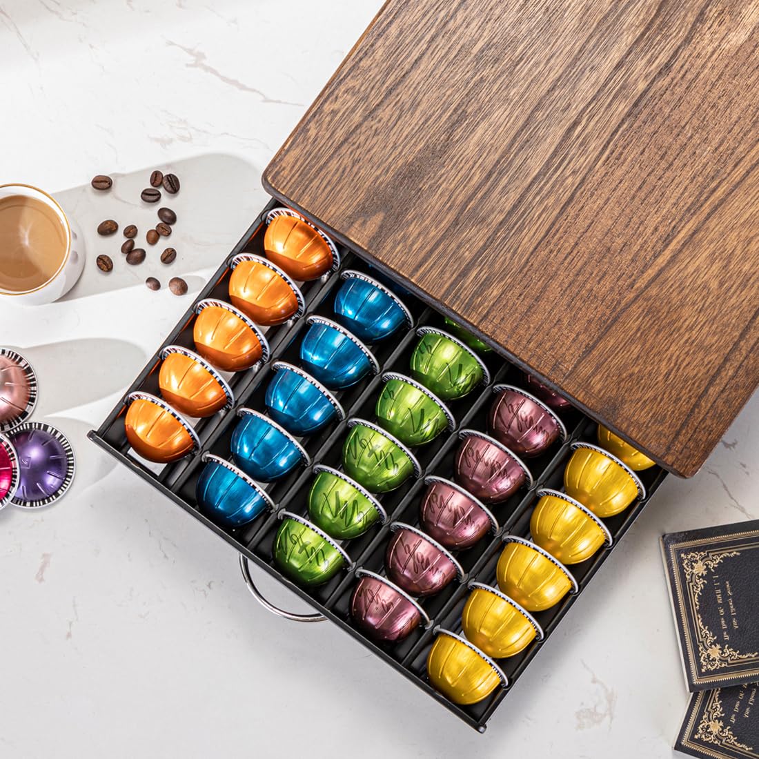 FlagShip for Nespresso Pod Holder Vertuo Pod Drawer Coffee Pod Storage for Vertuo Pod with Elegant Wood Top(50 Pods Capacity)