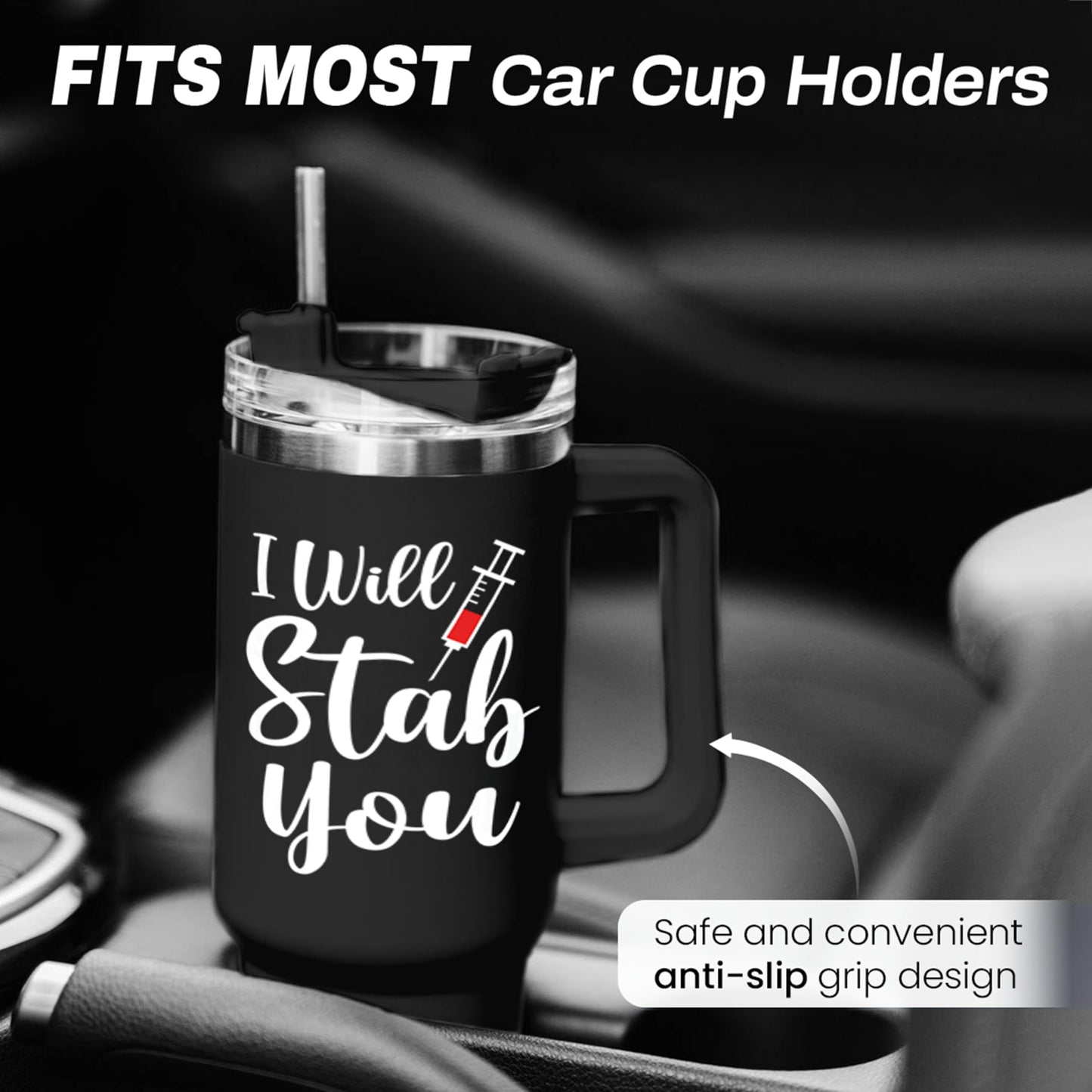 SANDJEST Nurse Gifts I Will Stab You Tumbler with Handle 40oz Stainless Steel Insulated Coffee Cup Funny Nurse Week Present, Nursing School Graduation, Appreciation Gifts for RN Nurses