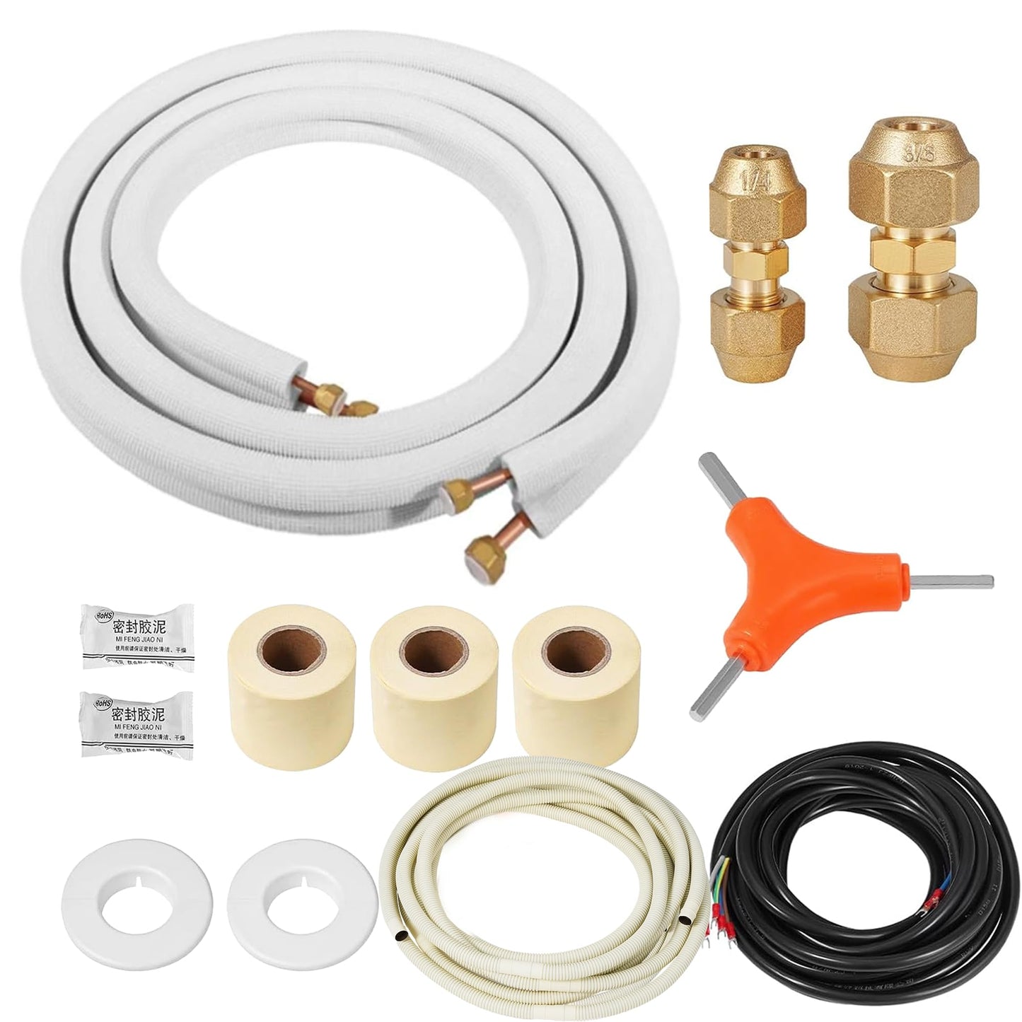 10 Ft Mini split Line set, 1/4"& 3/8" 0.D. Flared copper TubingPipes & 3/8" Thickened PE insulated Coil with Nuts &Installation Kit for Mini Split Air Conditioner & Heat System