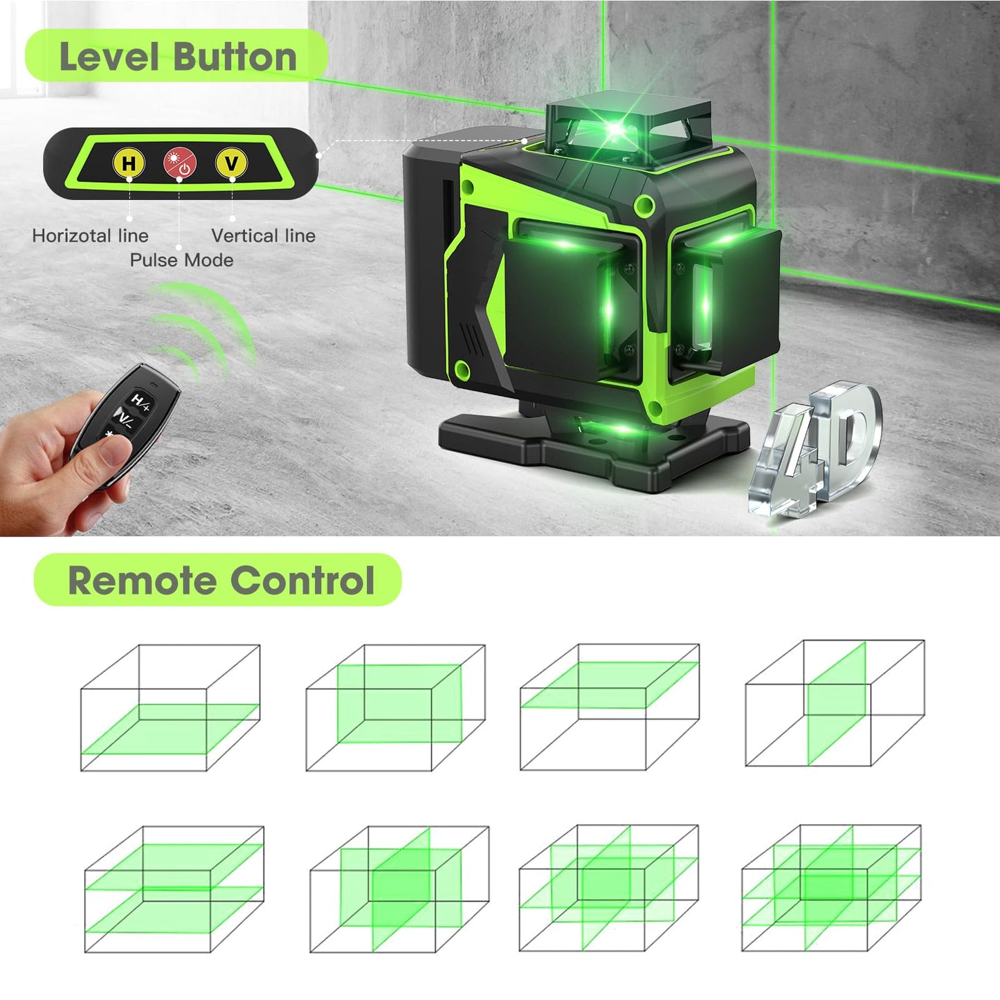 16 Line Laser Level 360 Self Leveling, 4x360°Professional 4D Green Cross Line laser Level with 2 Batteries, Adjustable Brightness & Remote Control, for Tiling Floor Construction and Picture Hanging