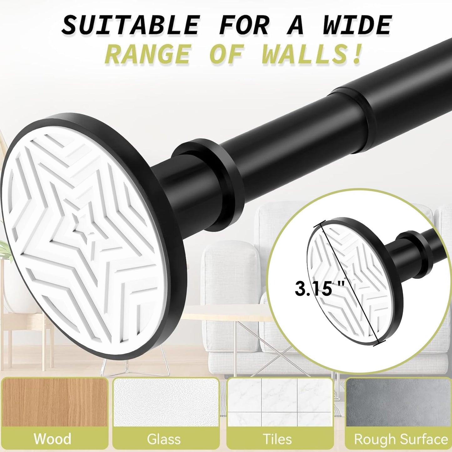 VIOREMOS Tension Curtain Rod 31 to112 In Extra Long Curtain Rod Adjustable Pole Heavy Duty Spring Matte Black Shower Curtain Rod for Bathroom Windows Room Divider Never Rust Anti-Slip