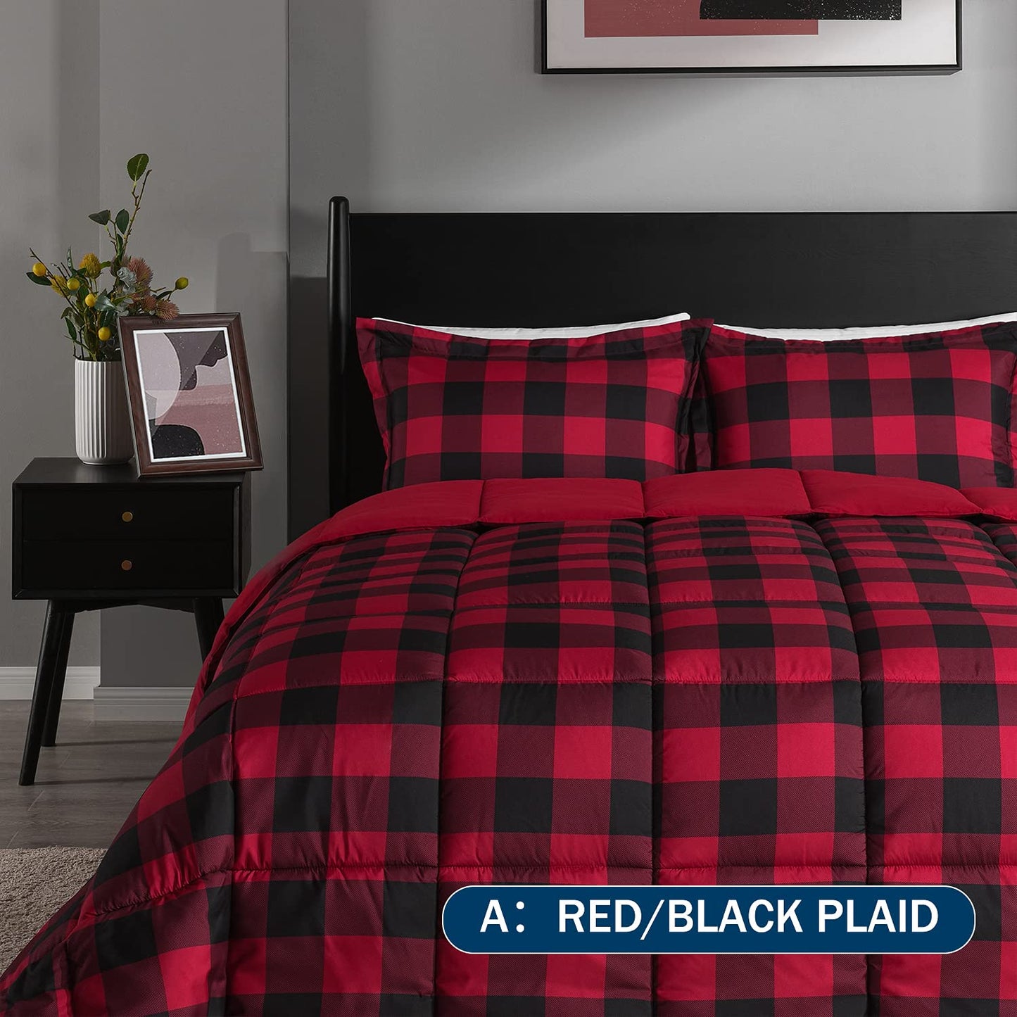 downluxe Lightweight Plaid Comforter Set (Queen) with 2 Pillow Shams - 3-Piece Set - Red/Black Plaid - Down Alternative Reversible Comforter