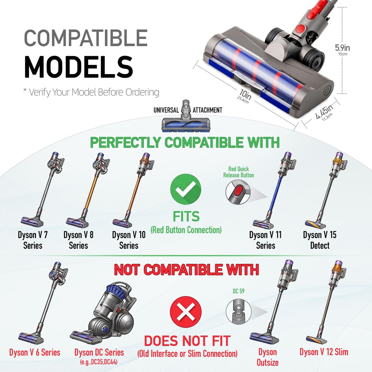 Replacement Motorized Head for Dyson V15 V11 V10 V8 V7, Hidden Dust Detection Green LED Attachment with 2-in-1 Dual Roller, 60% Effortless Glide for Carpet & Hard Floor, Stable Self-Standing Design