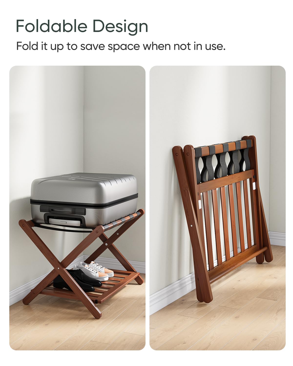 Smart FENDEE Fully Assembled Bamboo Luggage Rack, Walnut Folding Suitcase Stand with Shoe Shelf, Heavy-Duty Luggage Holder for Guest Room Must Haves, Bedroom, Hotel, 1 Pack