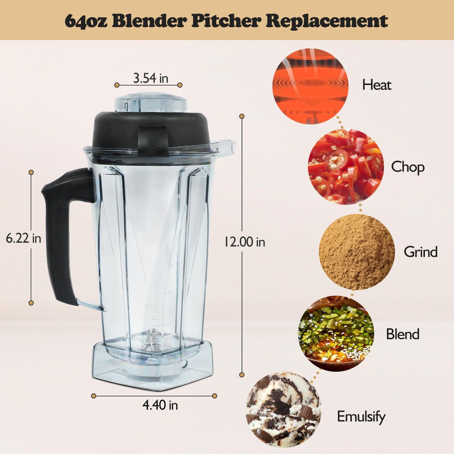 Deuovht Blender Pitcher 64oz,Replacement Pitcher for 5200 5300 6300 7500 VM0197 VM0101 VM0100 VM0103 E310 Classic Explorian Commercial Professional Series Blender Container,5 Years Warranty
