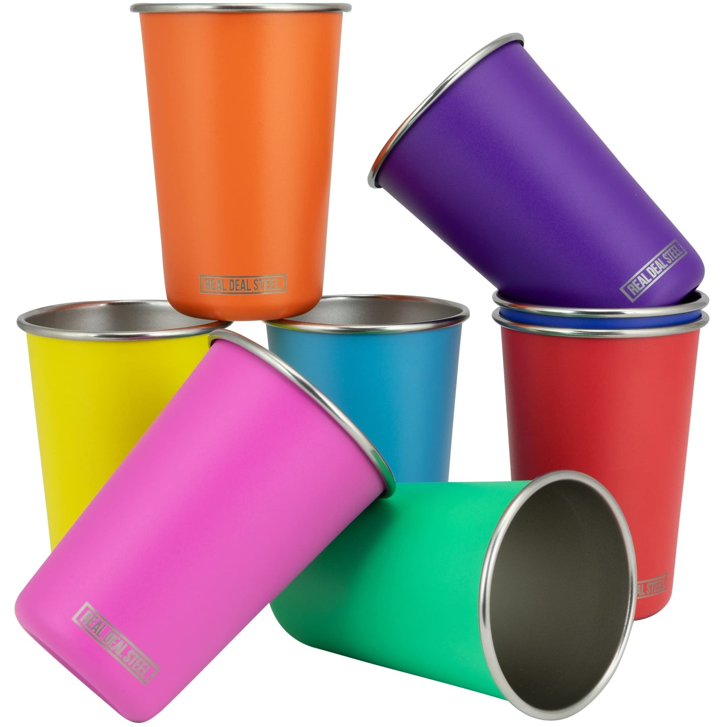 Real Deal Steel Rainbow Cups 16 oz Pint Cups, Stackable Tumblerrs, Eco Friendly Premium Metal Drinking Glasses