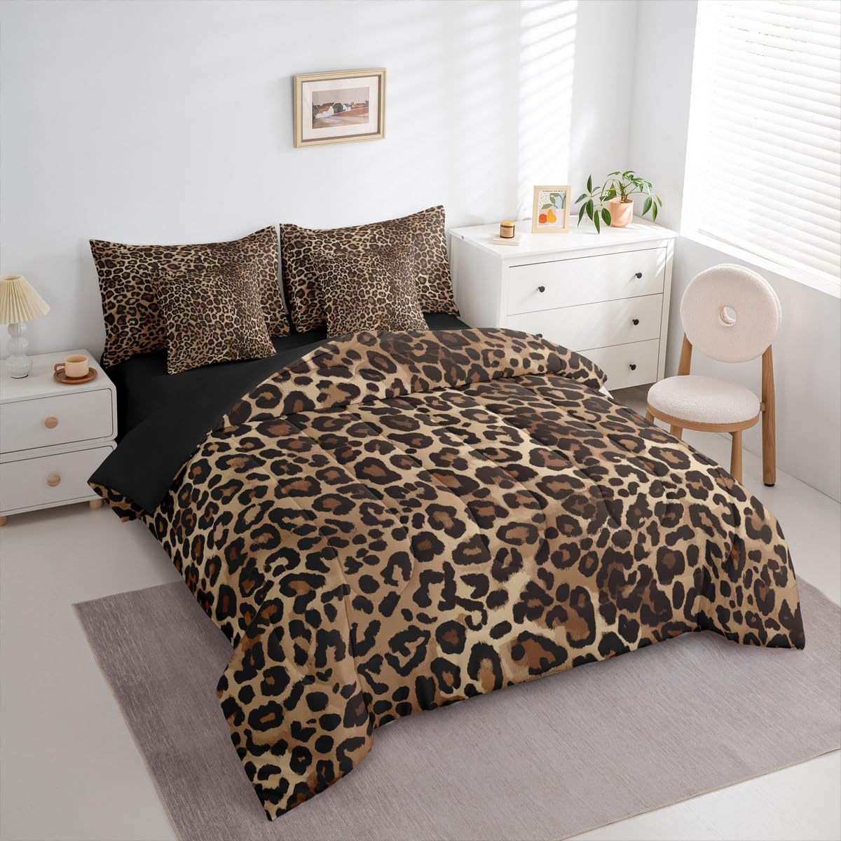 Erosebridal Leopard Print 7 Piece Bedding Set Full Cheetah Decor Comforter Set with Sheets Geometric Modern Bed in A Bag African Safari Animal Bed Sets with 2 Pillowcases, 2 Throw Pillow Covers
