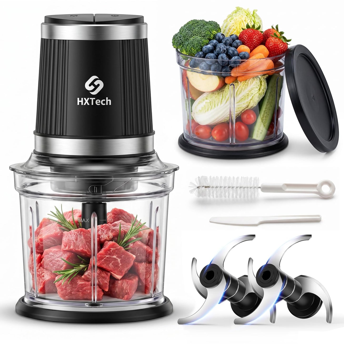 HXTech Food Processor Set: 2-Speed Electric Food Chopper with 2 Bowls (4 Cup+4 Cup), Vegetable Chopper with 2 Pack 420 Stainless Steel 4-Layer Blades, Meat Grinder for Meat, Fruits, Baby Food,Pet Food