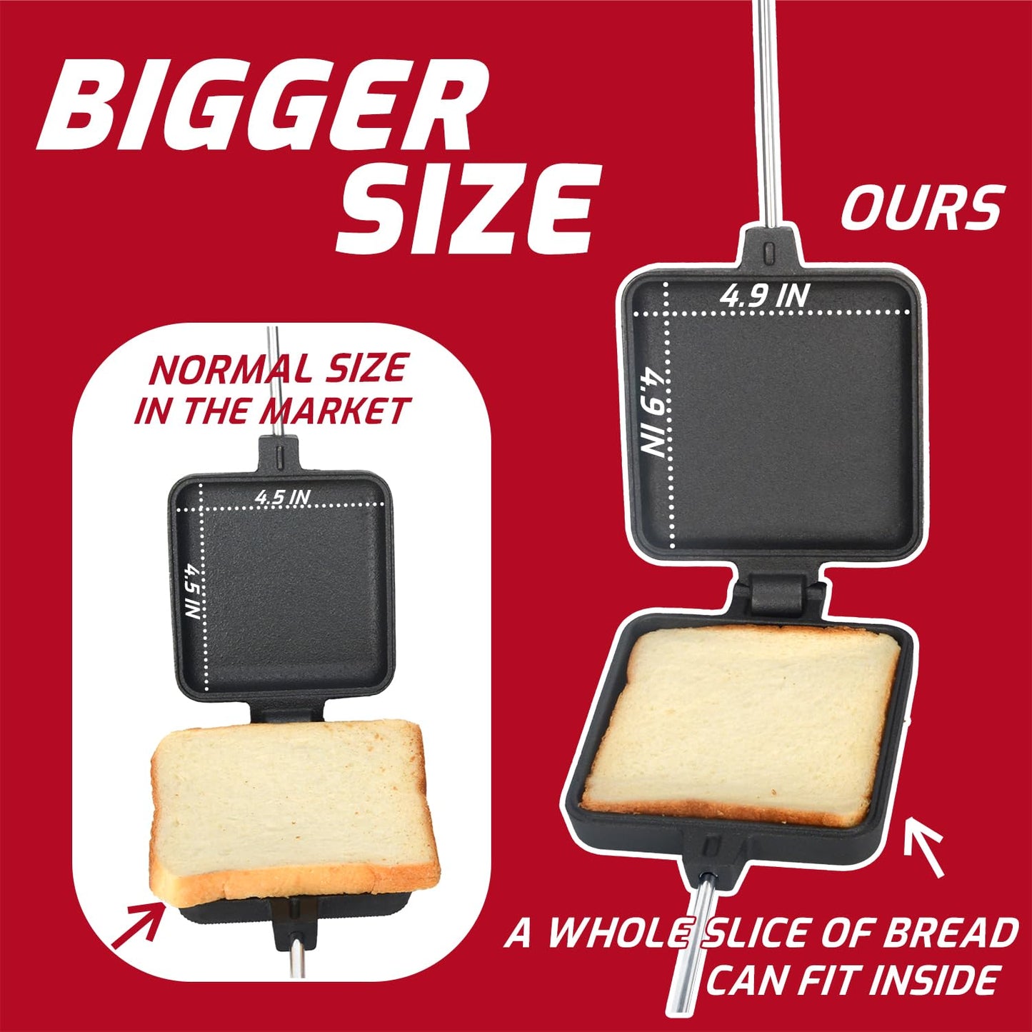 IPROUDER Campfire Pie Iron 4.9" Large Cast Iron Sandwich Maker for Camping 2 Pcs with Storage Bag - 21.7 inch Adjustable Handles - Campfire Cooking Equipment for Grilling & Outdoor Cooking