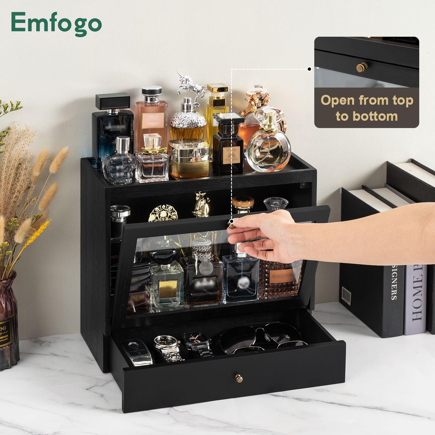 Emfogo Cologne Organizer for Men, Solid Wood Perfumes Organizer for Men Dresser, Large Capacity Dustproof Cologne Holder with Drawer Storage Perfume Stand Organizer, Ideal Gift for Loved ones