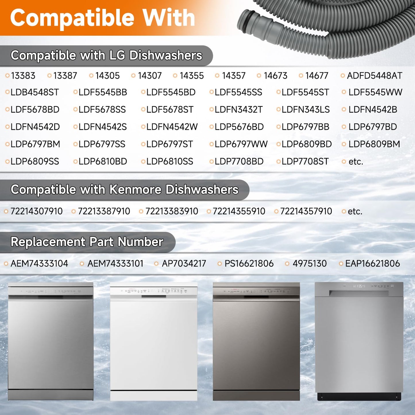 AIYOYOLIFE Dishwasher Drain Hose Extension with 2 Clamps Compatible with LG Quadwash Thinq LDT5665BD LDP6797BD LDF5545 LDTS5552S LDTS5552S LDNFC33LS Replace#: AEM74333104 AEM74333101