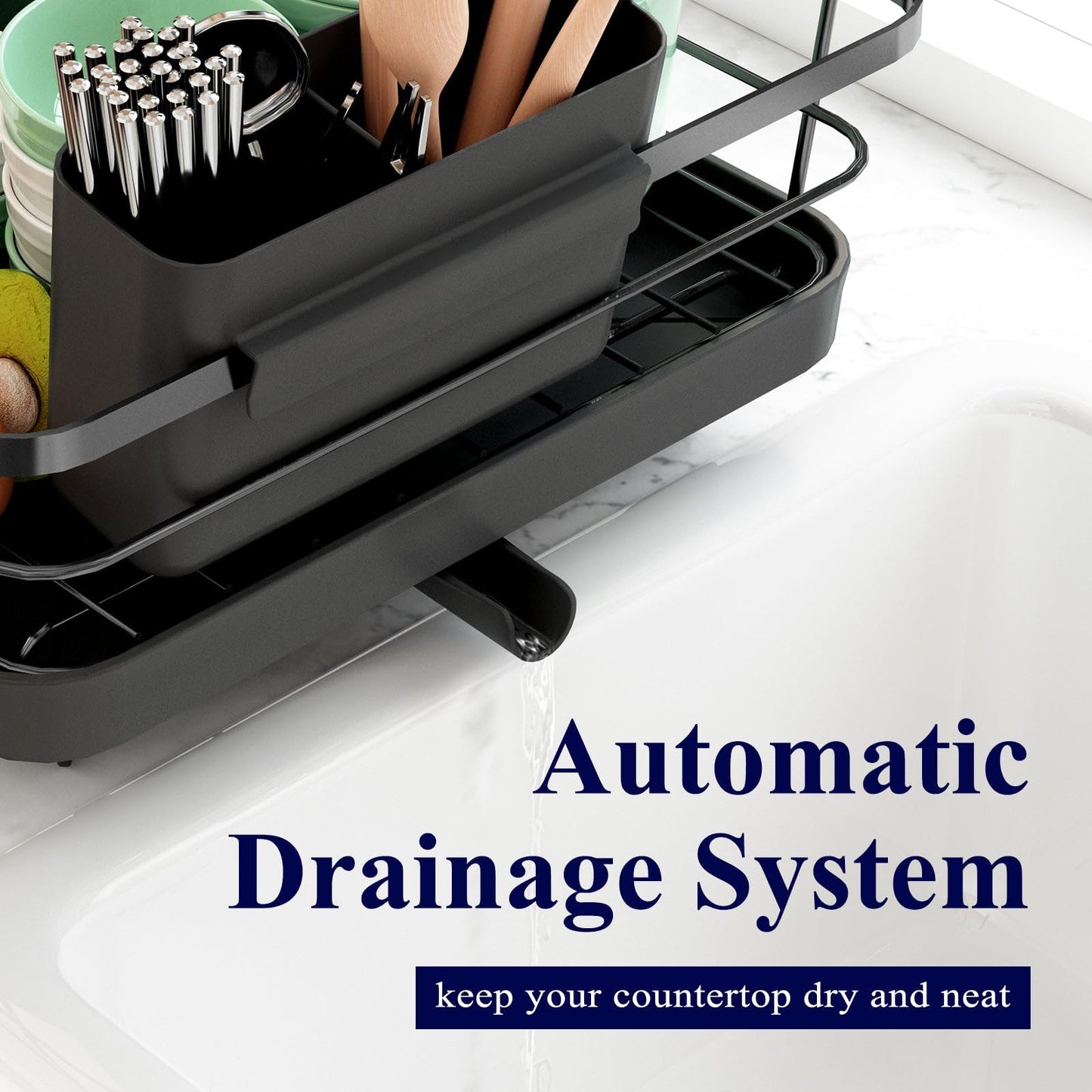 Kitsure Dish Drying Rack for Kitchen Counter, Stainless Steel Sink Organization and Storage Essentials with Cutlery Holder, Home and Appartment Decor, 12.2''W x 15.7''~23''L, Black