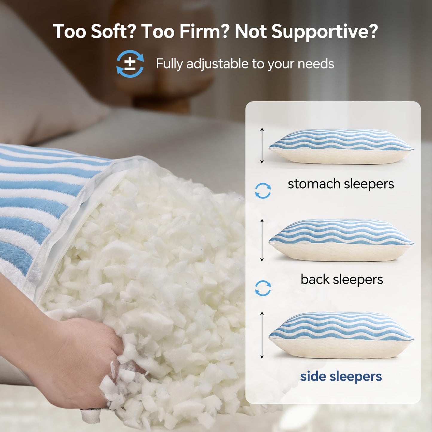SLEEPDIARY Pillows Queen Size Set of 2 – Adjustable Shredded Memory Foam Cooling Bed Pillows, Custom Loft for Side, Back, and Stomach Sleepers, Shape-Retaining Support & Washable Cover