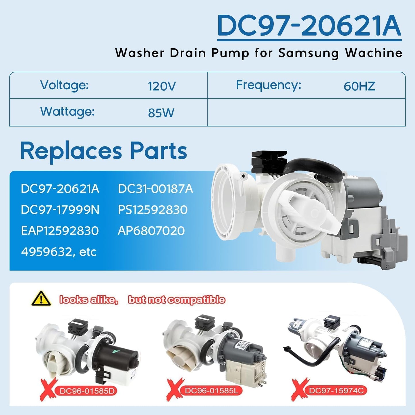 Upgraded DC97-20621A DC97-20621C (OEM) Washer Drain Pump Assembly for Samsung, for WF46DBH500AWA5 WF45R6300AW/US WF45R6100AP/US WF50BG8300AVUS WF45B6300AC/US WF45B6300AP/US for Samsung Washer Parts