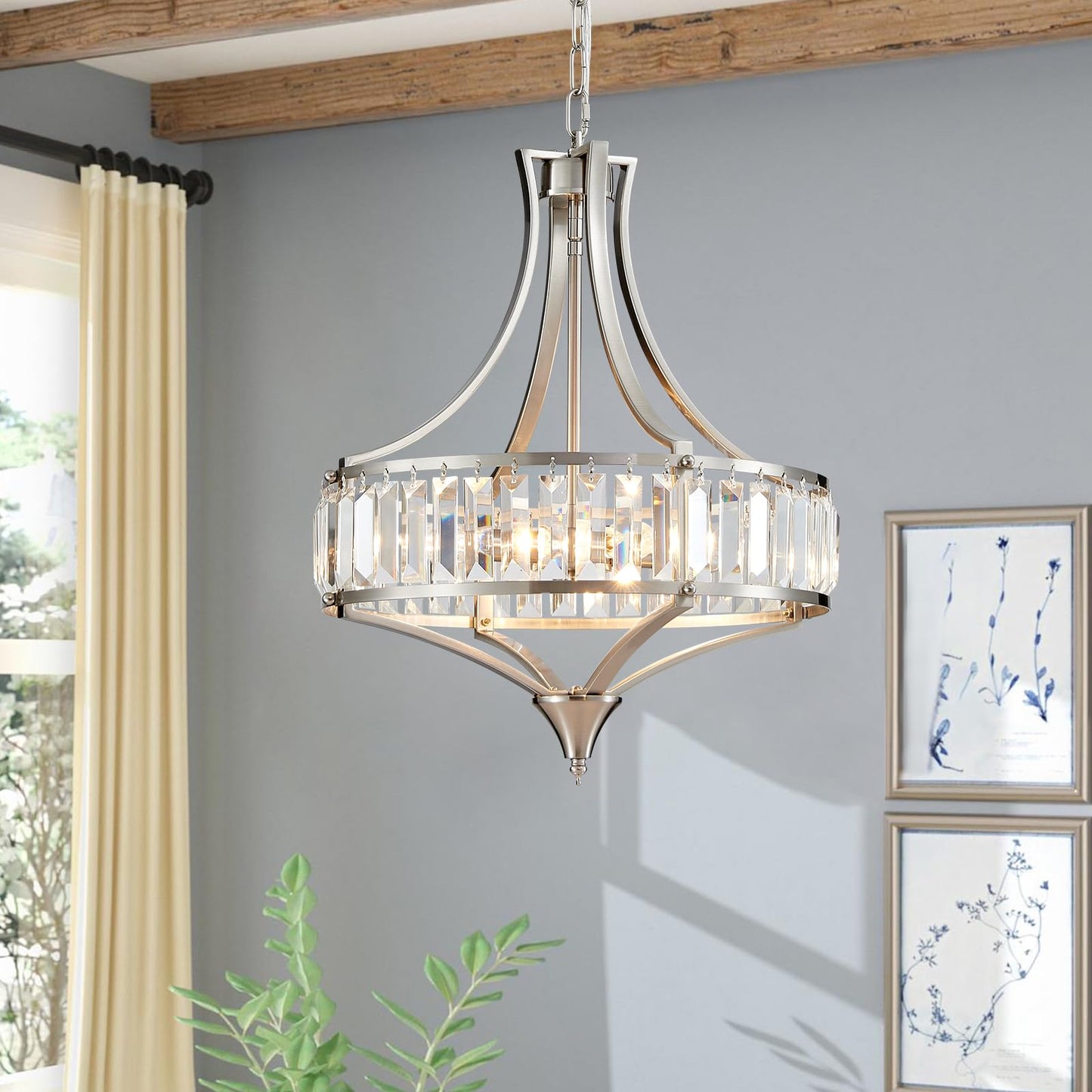 Majhoiw Crystal Chandeliers for Dining Room, Round Rustic Farmhouse Chandelier, Metal Shade, 4-Light Modern Brushed Nickel Chandelier for Hallway, Bedroom, Foyer