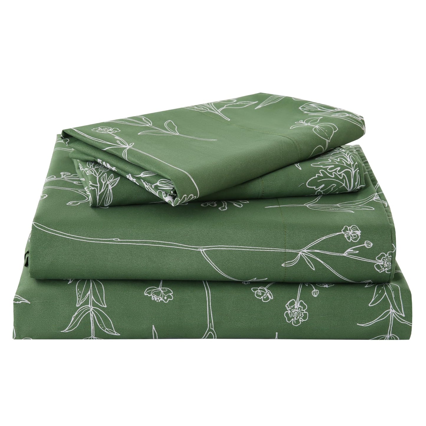 Yibeizi Green Floral Sheet Set Queen, Botanical Rustic Pattern Bed Sheets Boho Bedding Sheets & Pillowcases Soft Microfiber 15" Extra Deep Pocket Fitted Bedsheet 4 Piece
