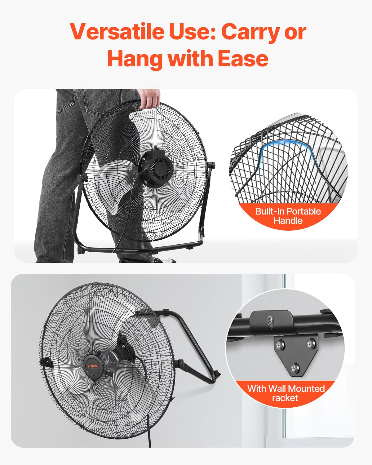 VEVOR Floor Fan, 3 Speeds High Velocity Heavy Duty 20 Inch Industrial Fan, 4800 CFM 360° Adjustable Tilt 21.33 ft/sec Airflow Large Metal Fan, for Home, Gym, Office, Garage, Commercial Shop & Bedroom